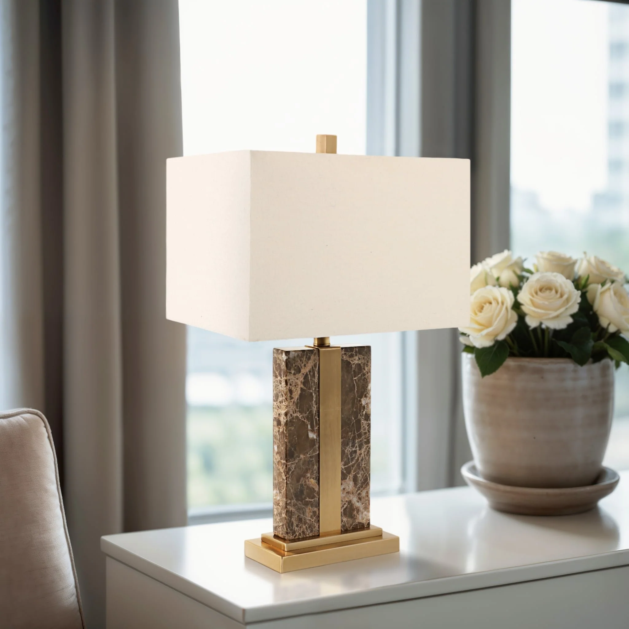 26x16" Rectangle Marble Lamp W/ Antique Brass, Bro - Image 9