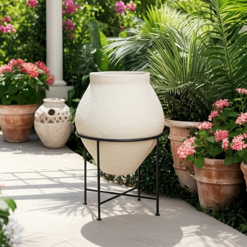 27x18" Terracotta Pot In Metal Stand, Ivory/ Black - Image 12