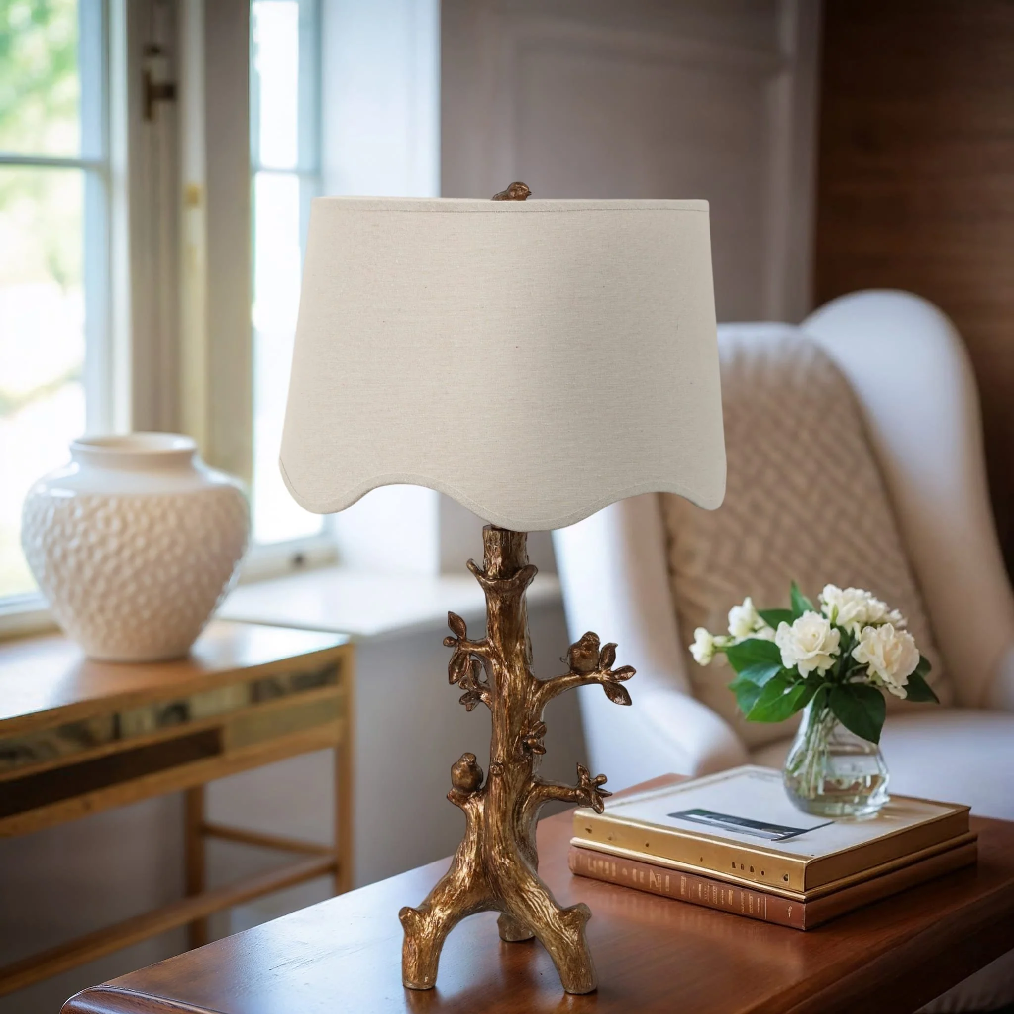 28" Perched Birds On Branch Table Lamp, Gold - Image 7