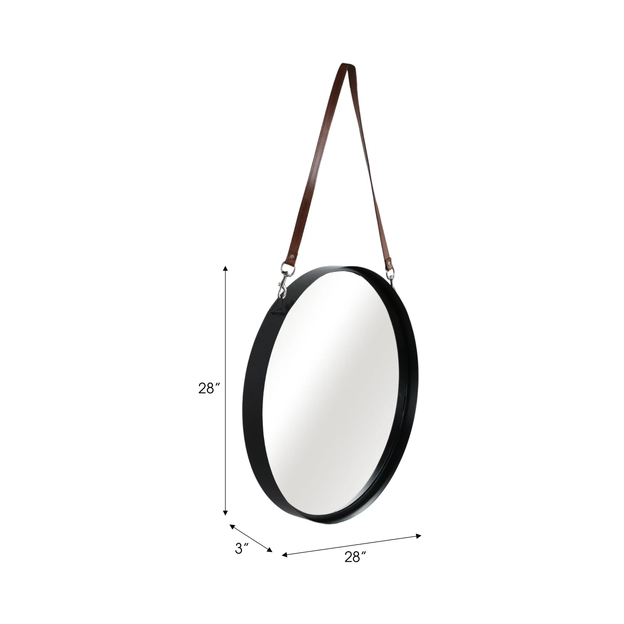 28" Round Mirror W/ Leather Strap, Black - Image 7