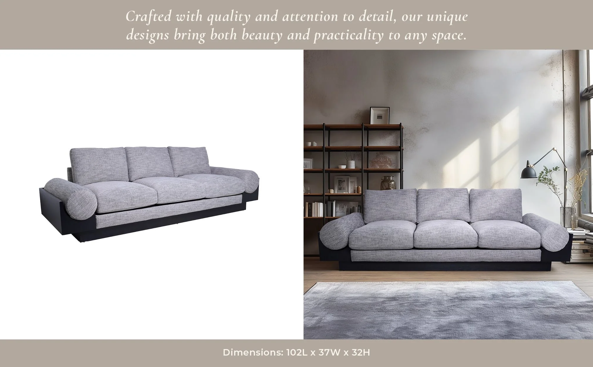 3- Seater Bolster Sofa - Black Wood Base - Tan/blk - Image 11