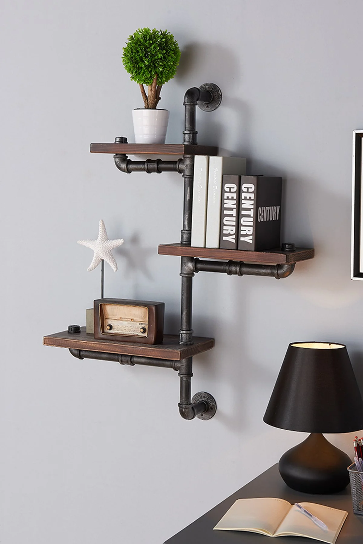30" Orton Industrial Pine Wood Floating Wall Shelf in Gray and Walnut Finish - Image 3