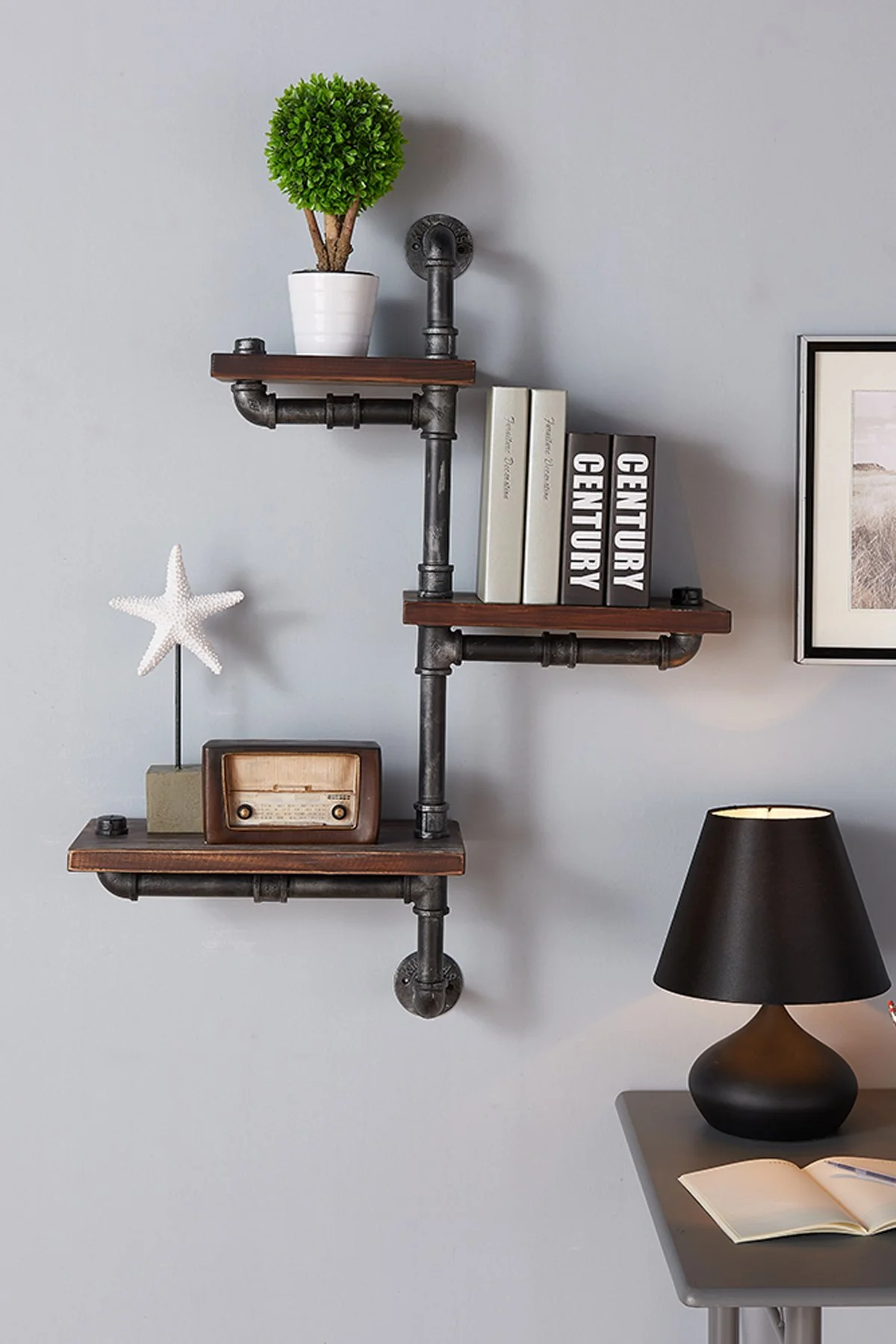 30" Orton Industrial Pine Wood Floating Wall Shelf in Gray and Walnut Finish - Image 4