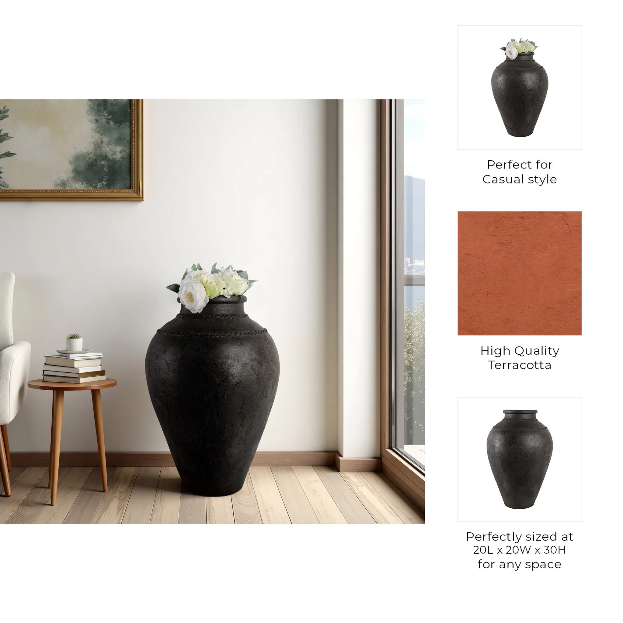 30" Terracotta Floor Vase, Rustic Black - Image 9