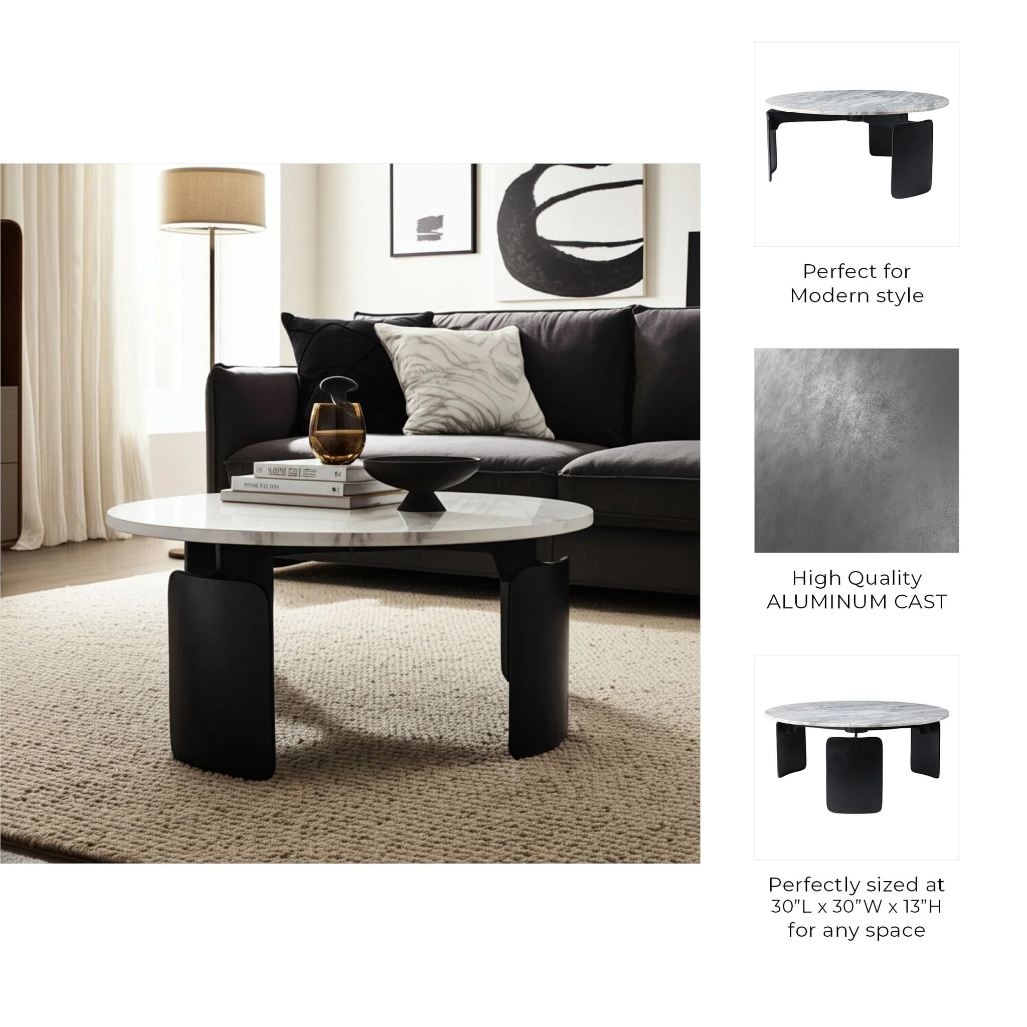 30x13" Marble Top 3-footed Coffee Table, Grey/ Blk - Image 10