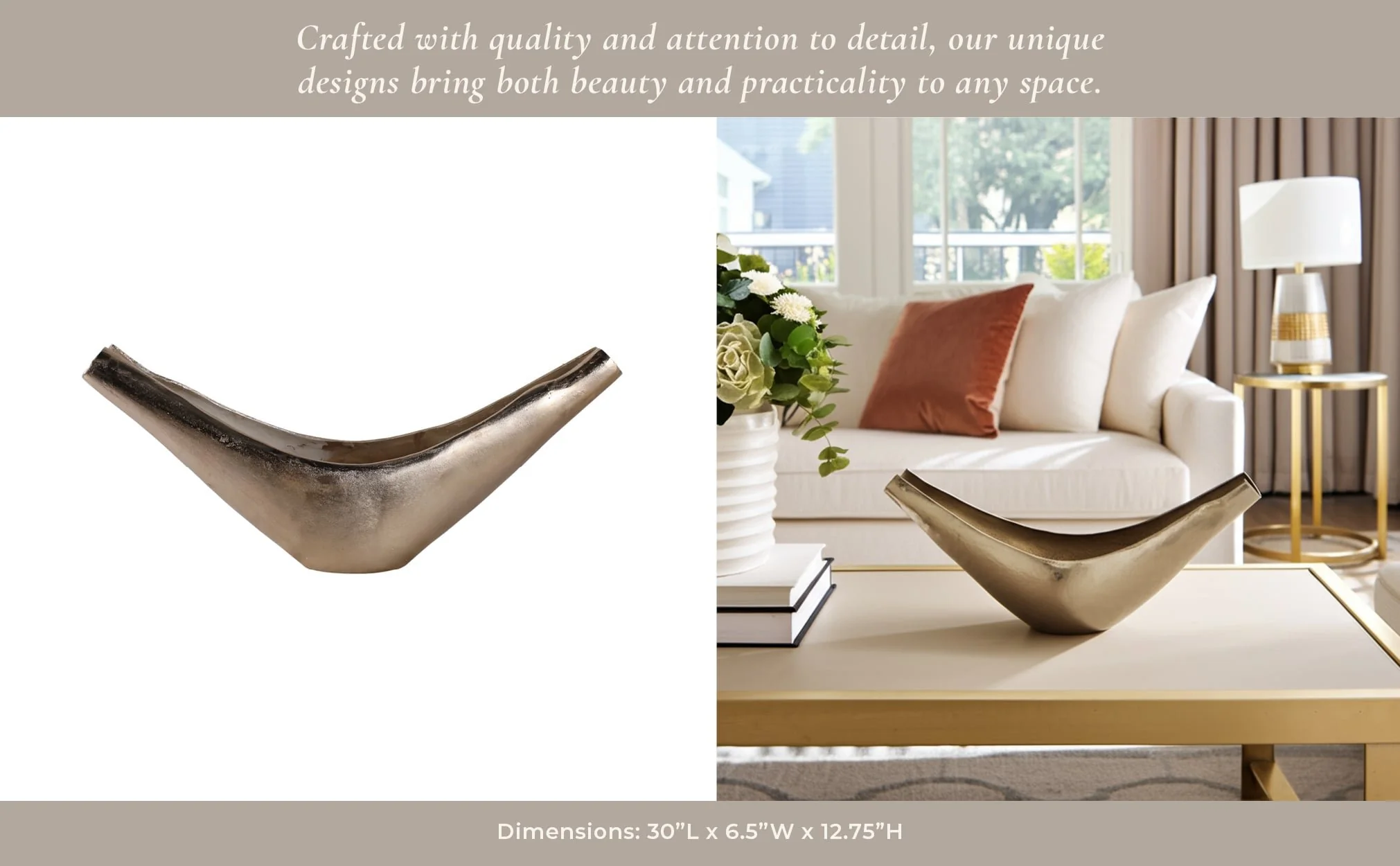 30x13" V-shaped Metal Bowl, Gold/tan - Image 9