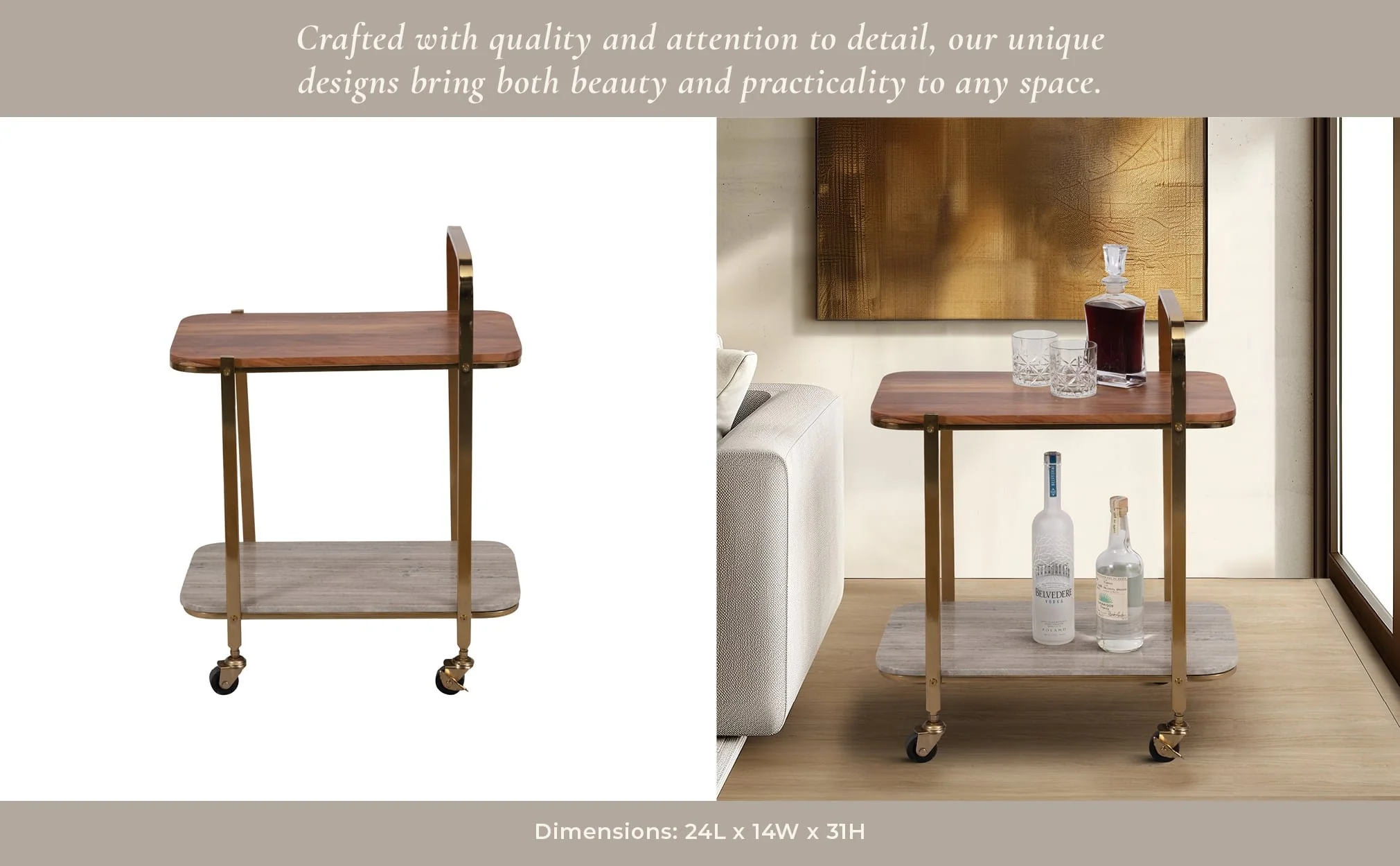 31" Marble Shelf Bar Cart, Gold Kd - Image 11
