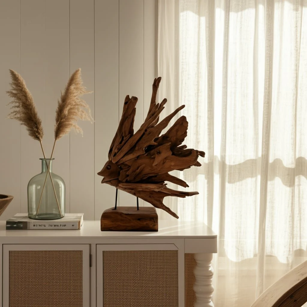 31" Teak Wood Fish On Stand, Light Natural - Image 11