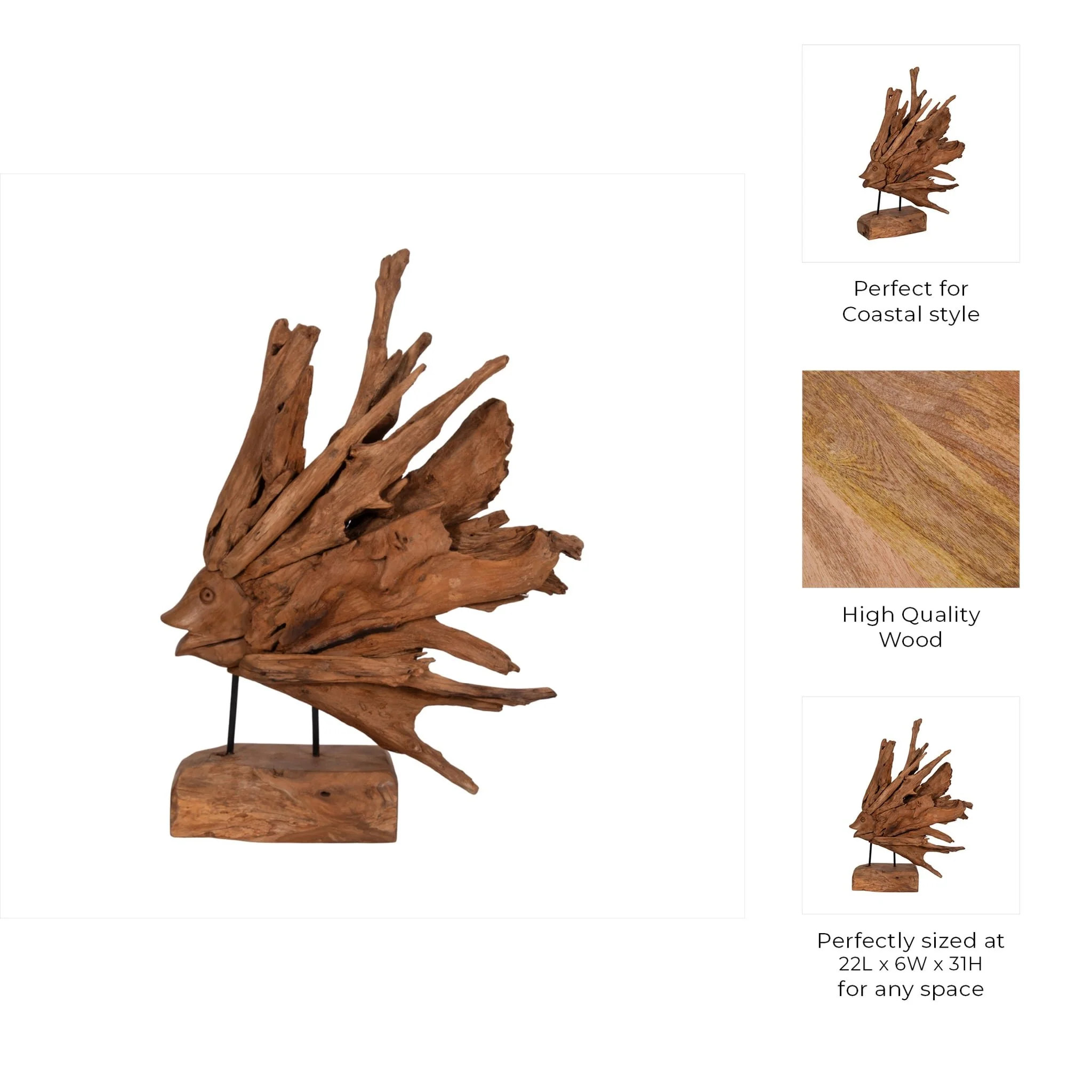 31" Teak Wood Fish On Stand, Light Natural - Image 9