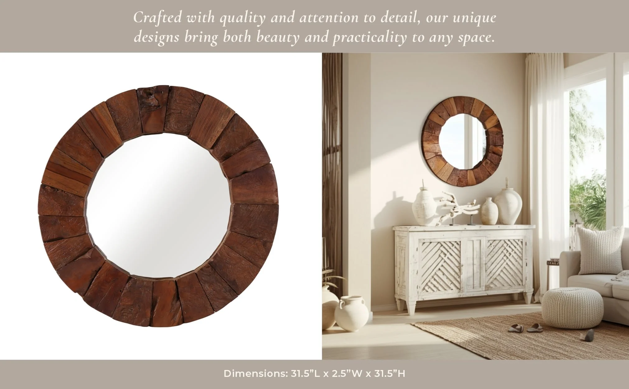 31x31" Teakwood Framed Mirror, Natural - Image 10