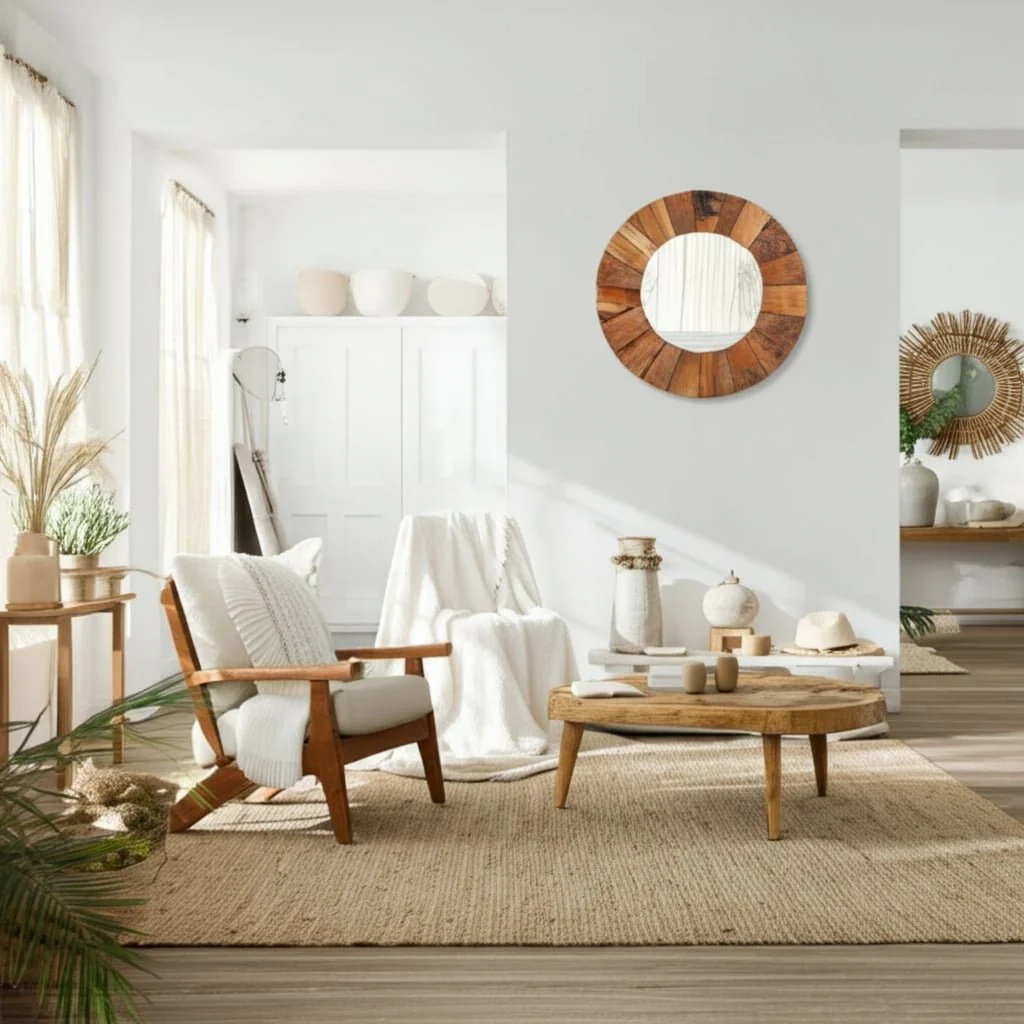 31x31" Teakwood Framed Mirror, Natural - Image 9