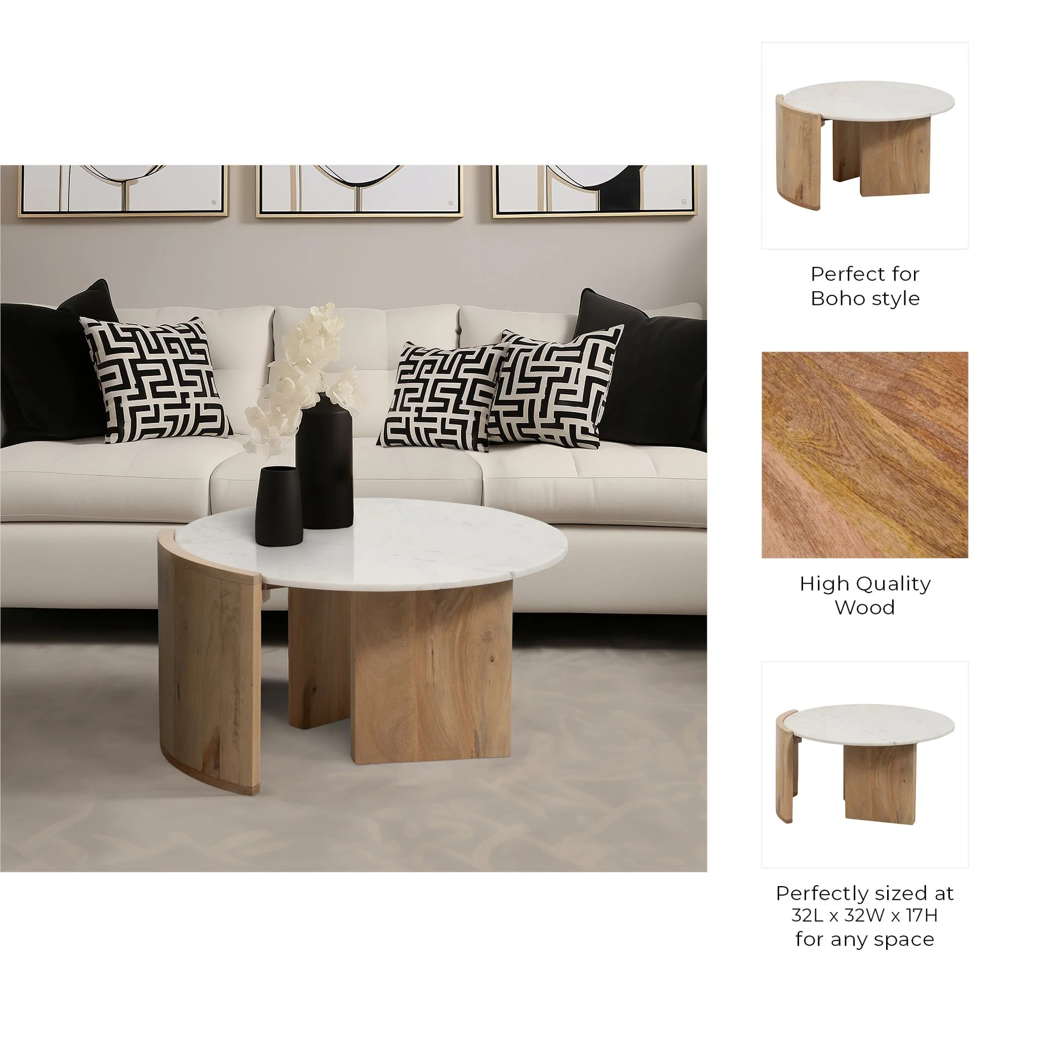 32" Marble Top Mango Coffee Table, Wht/nat Kd - Image 8