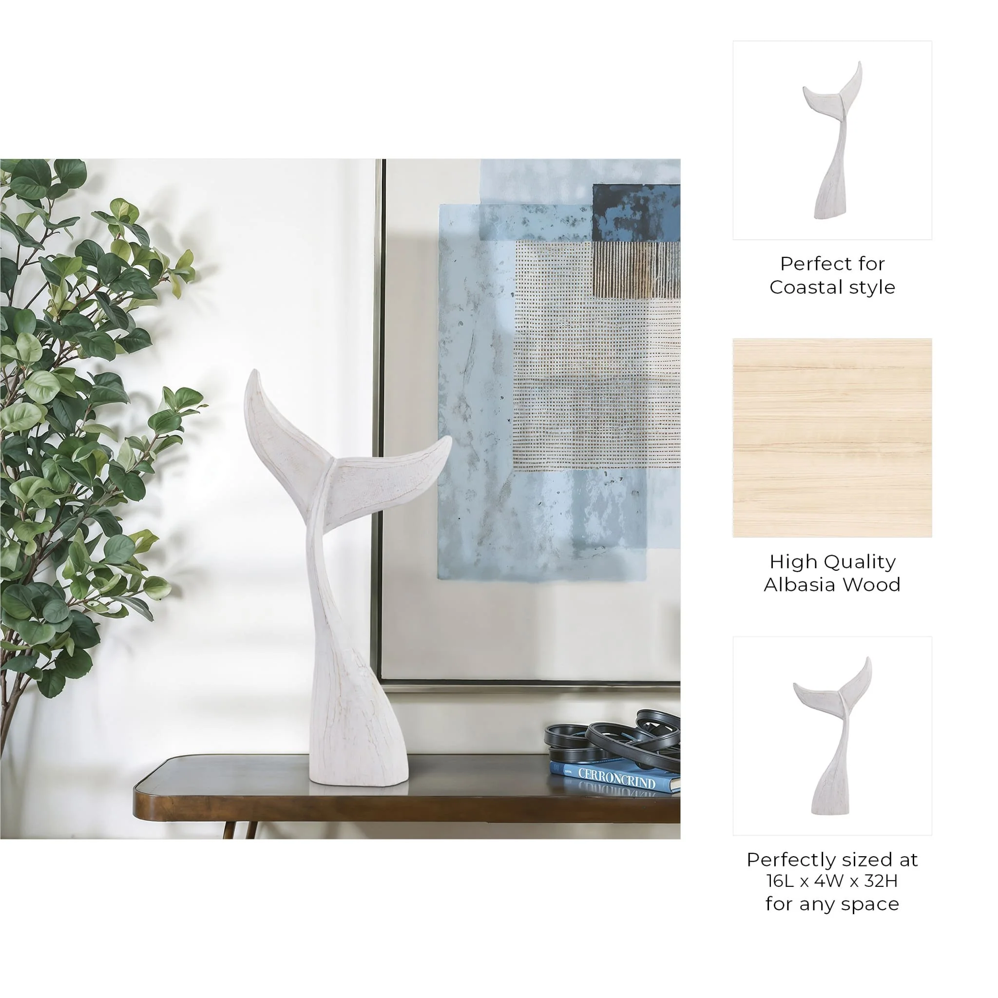32" Wood Whale Tail Decor, Wht - Image 9