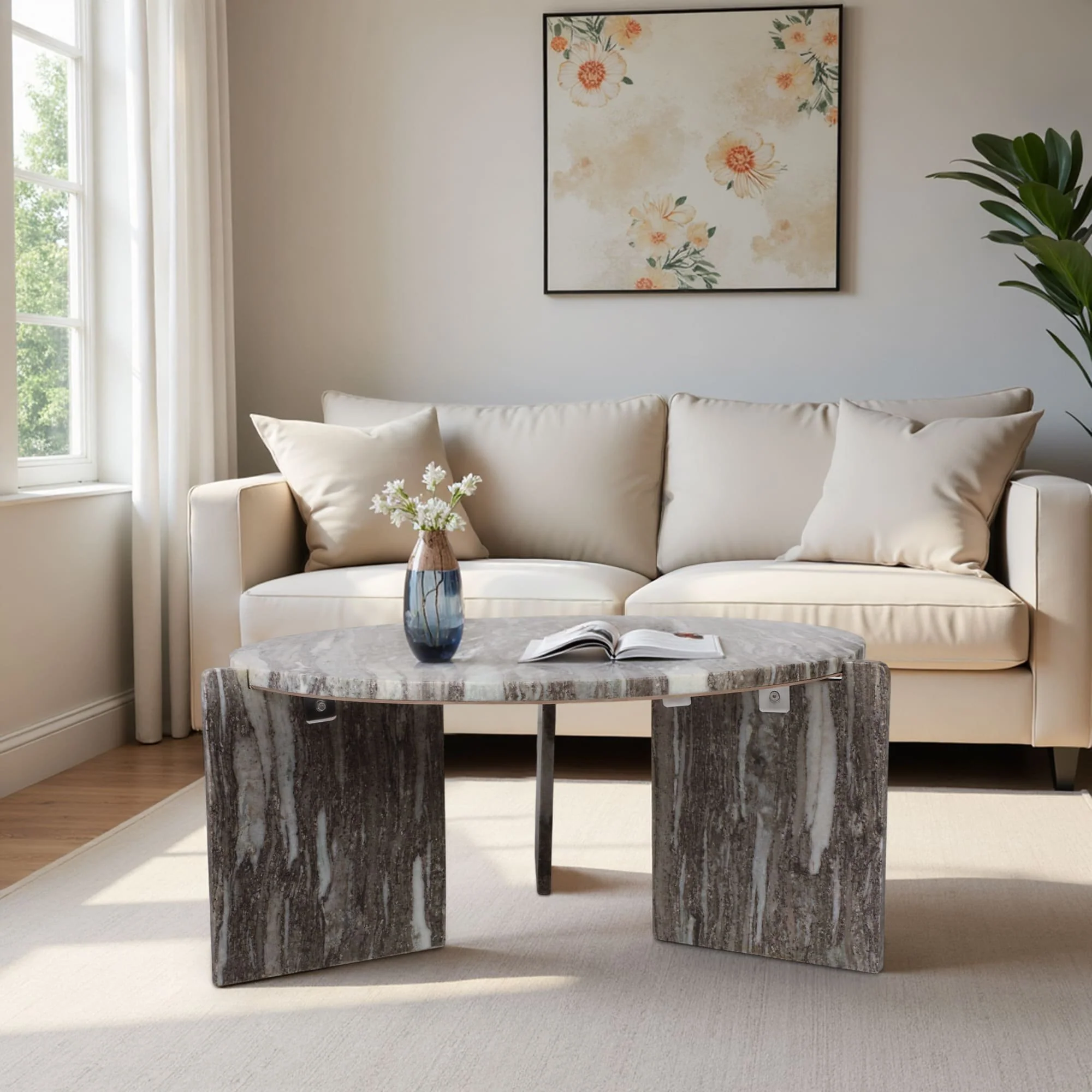 32x15" 3-leg Marble Coffee Table, Grey Kd - Image 10