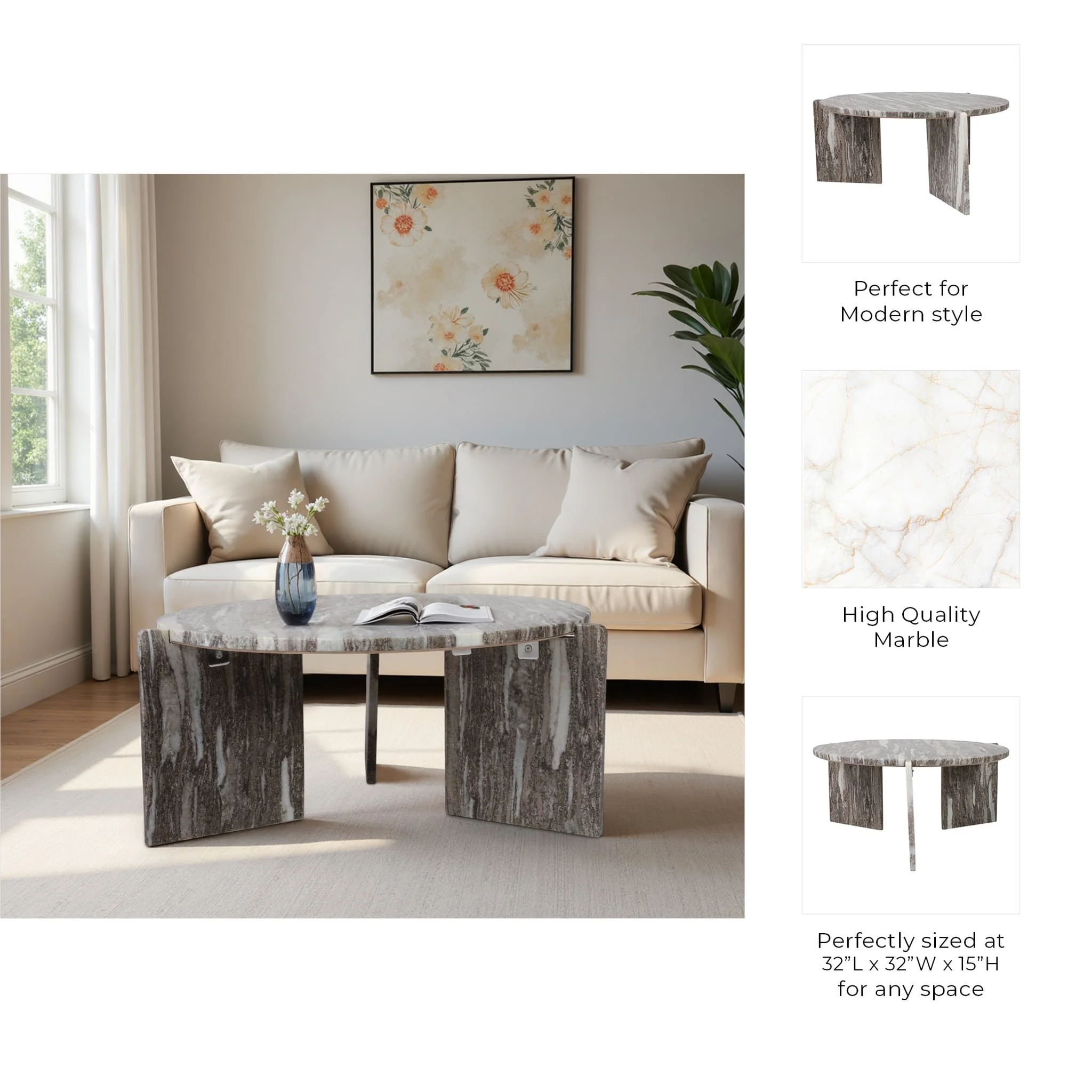 32x15" 3-leg Marble Coffee Table, Grey Kd - Image 9