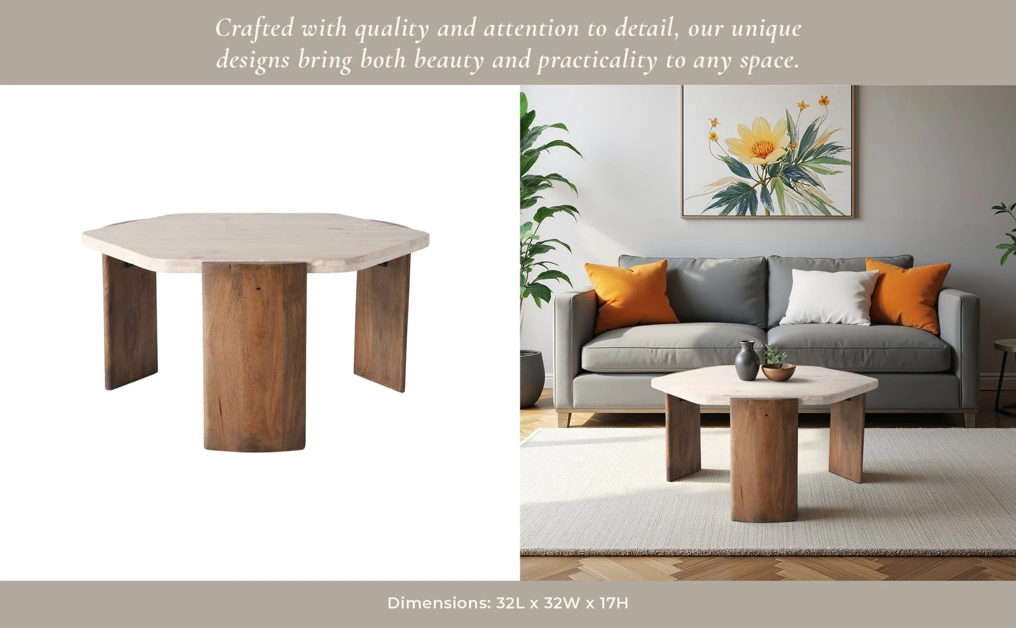 32x17 Hexagon Travertine Coffee Table, Bwn - Image 11
