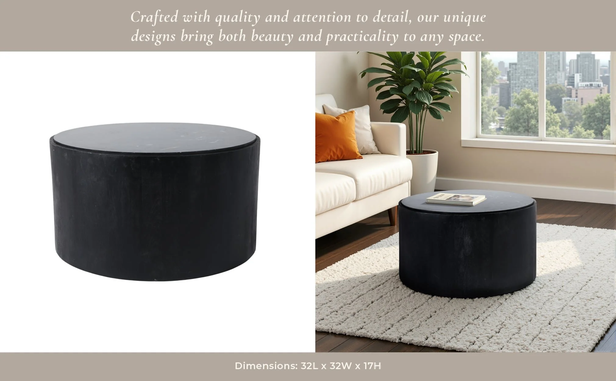 32x17 Marble Inlay Rnd Coffee Table, Blk/wht - Image 12