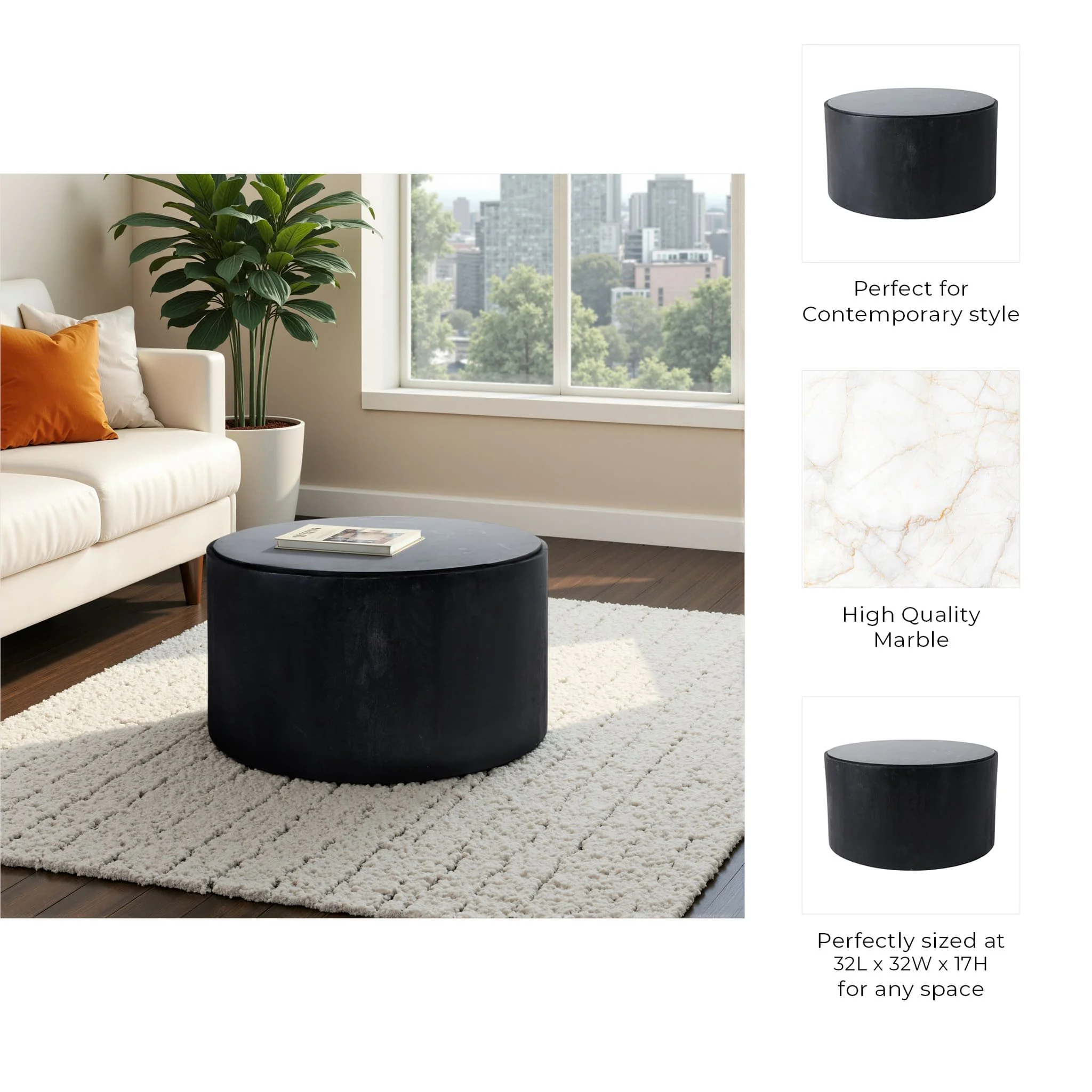 32x17 Marble Inlay Rnd Coffee Table, Blk/wht - Image 9