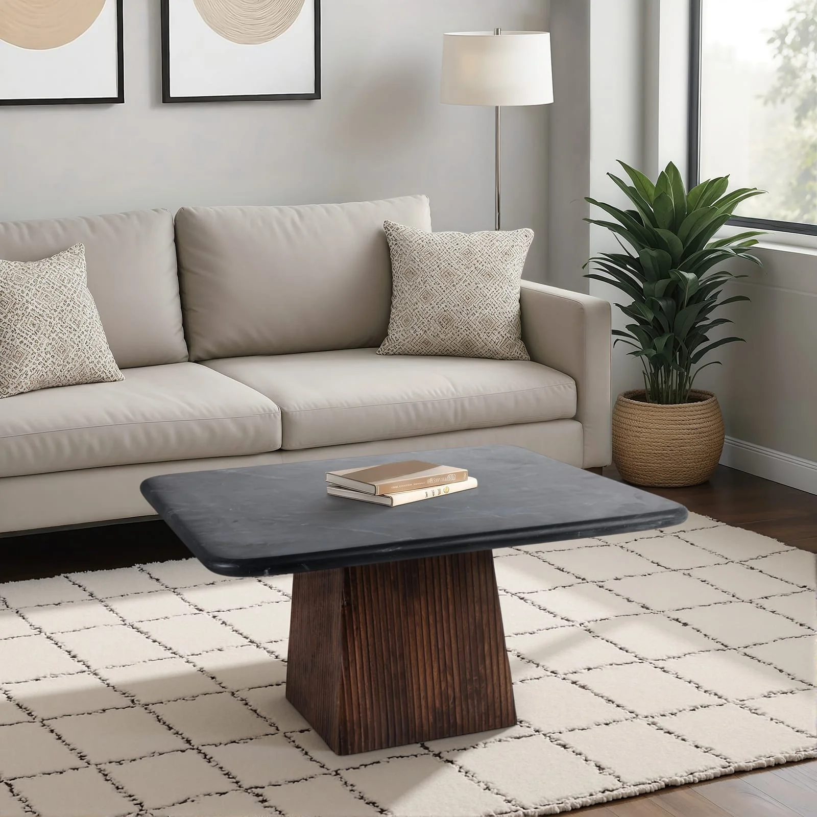 32x17 Ribbed Base Coffee Table Marble Top, Blk/bwn - Image 10
