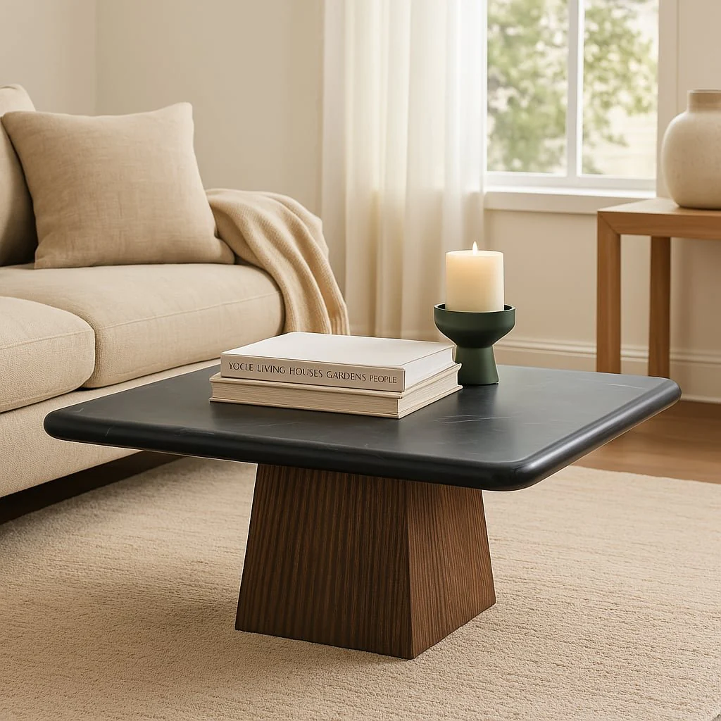 32x17 Ribbed Base Coffee Table Marble Top, Blk/bwn - Image 11