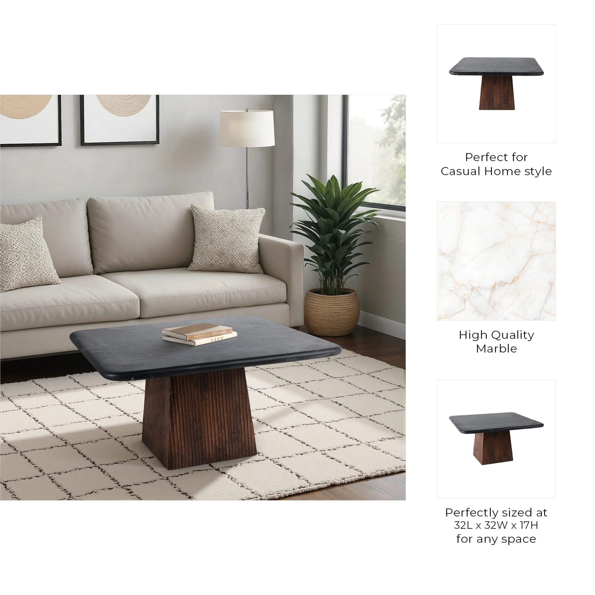 32x17 Ribbed Base Coffee Table Marble Top, Blk/bwn - Image 9