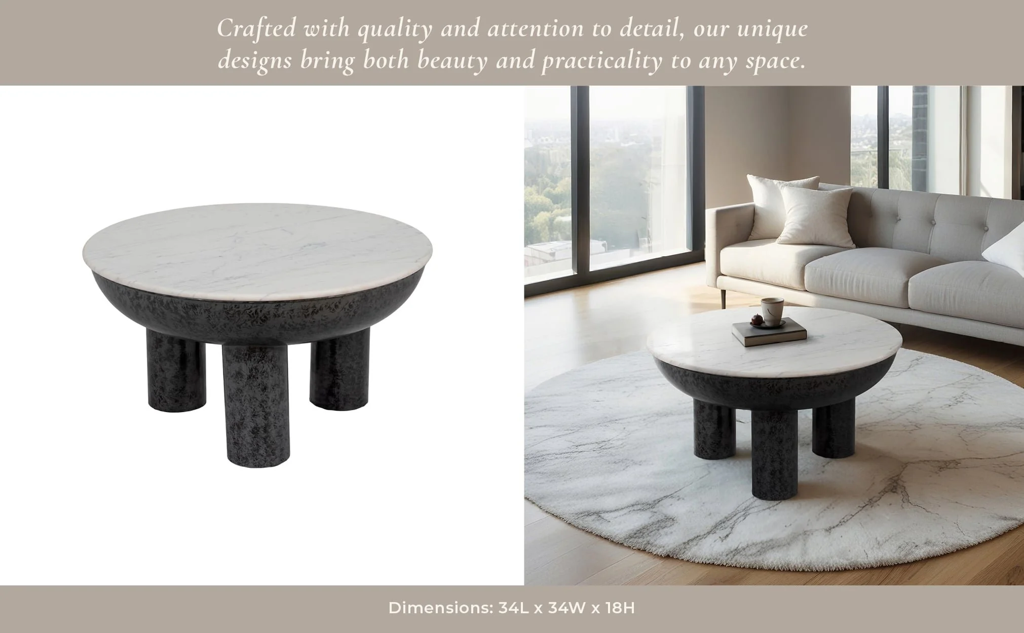 33" Chunky Leg Coffee Table Marble Top, White/blk - Image 10