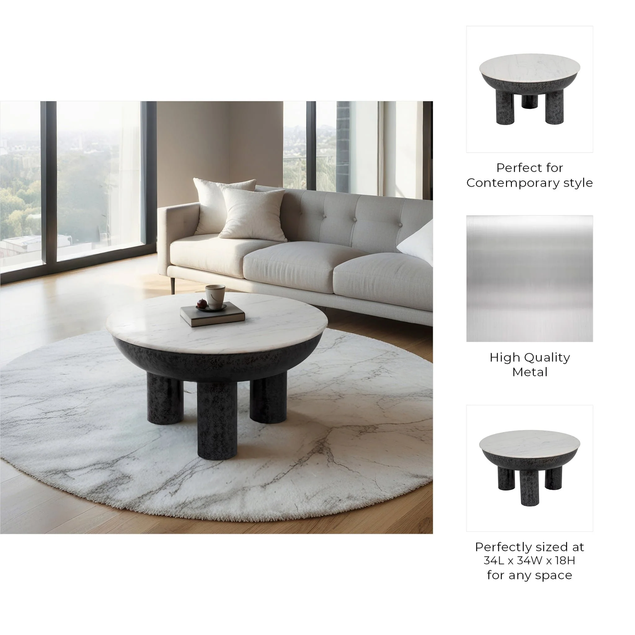 33" Chunky Leg Coffee Table Marble Top, White/blk - Image 8