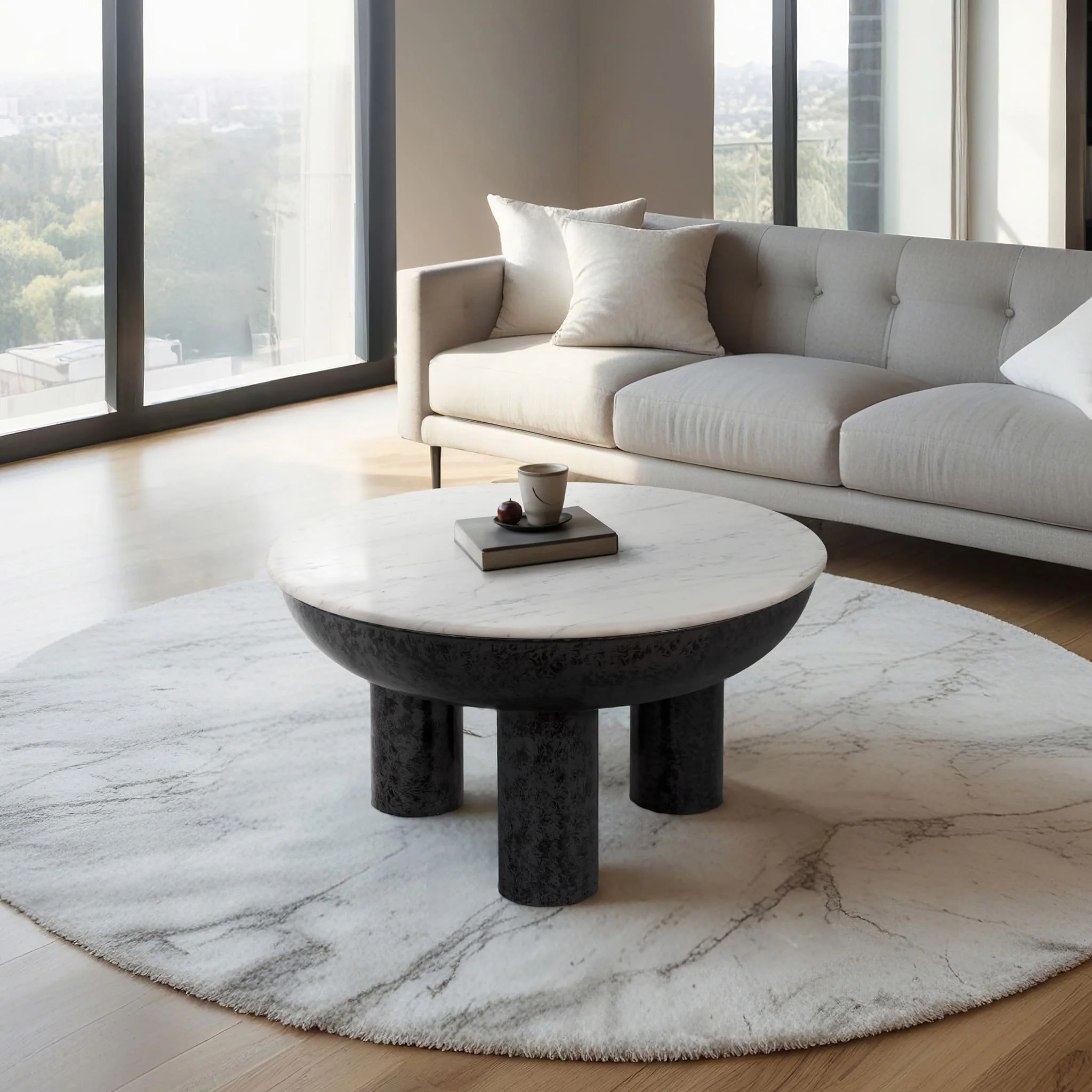 33" Chunky Leg Coffee Table Marble Top, White/blk - Image 9