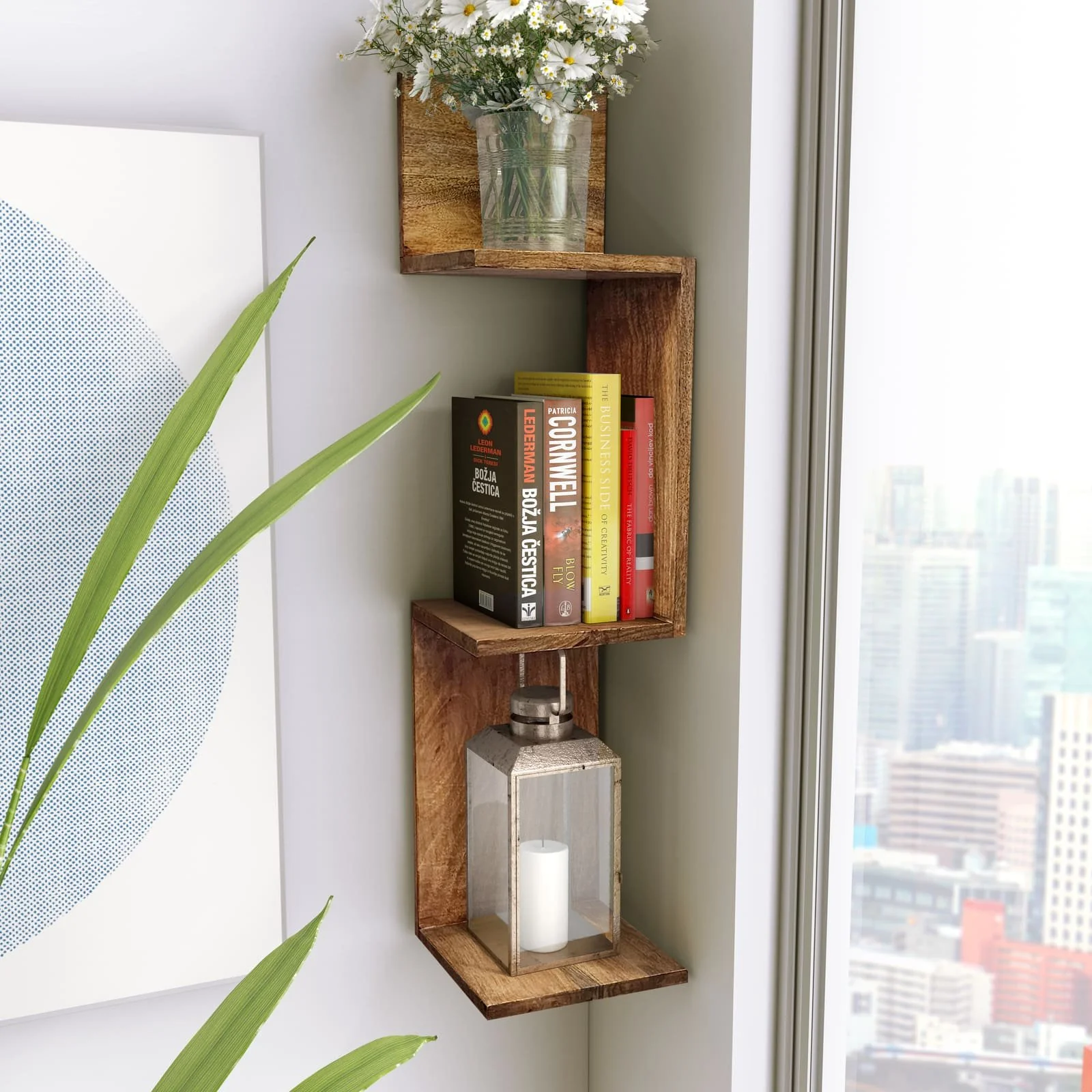 33" Mango Zig Zag Corner Wall Shelf, Brown - Image 10