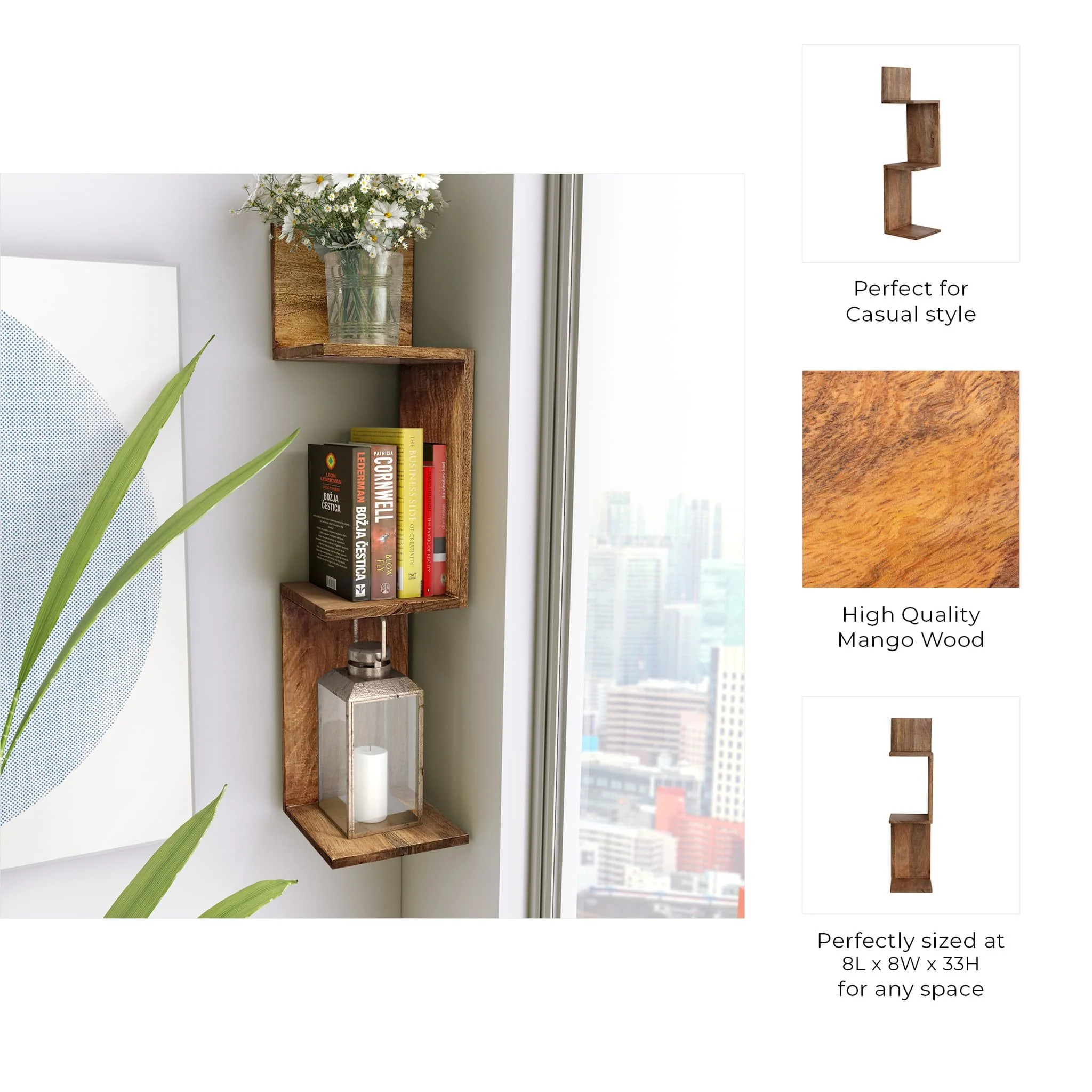 33" Mango Zig Zag Corner Wall Shelf, Brown - Image 9