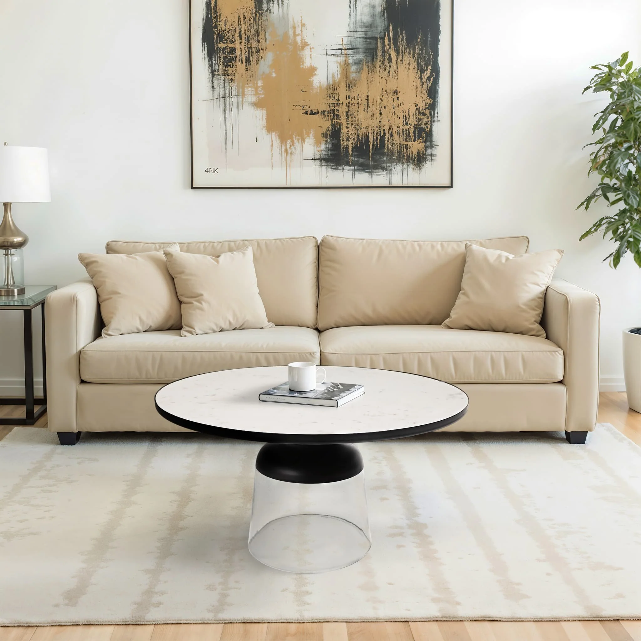 34" Glass Coffee Table Marble Top, White/clear, Kd - Image 10