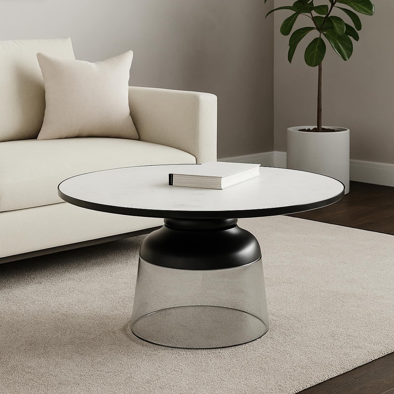34" Glass Coffee Table Marble Top, White/clear, Kd - Image 11