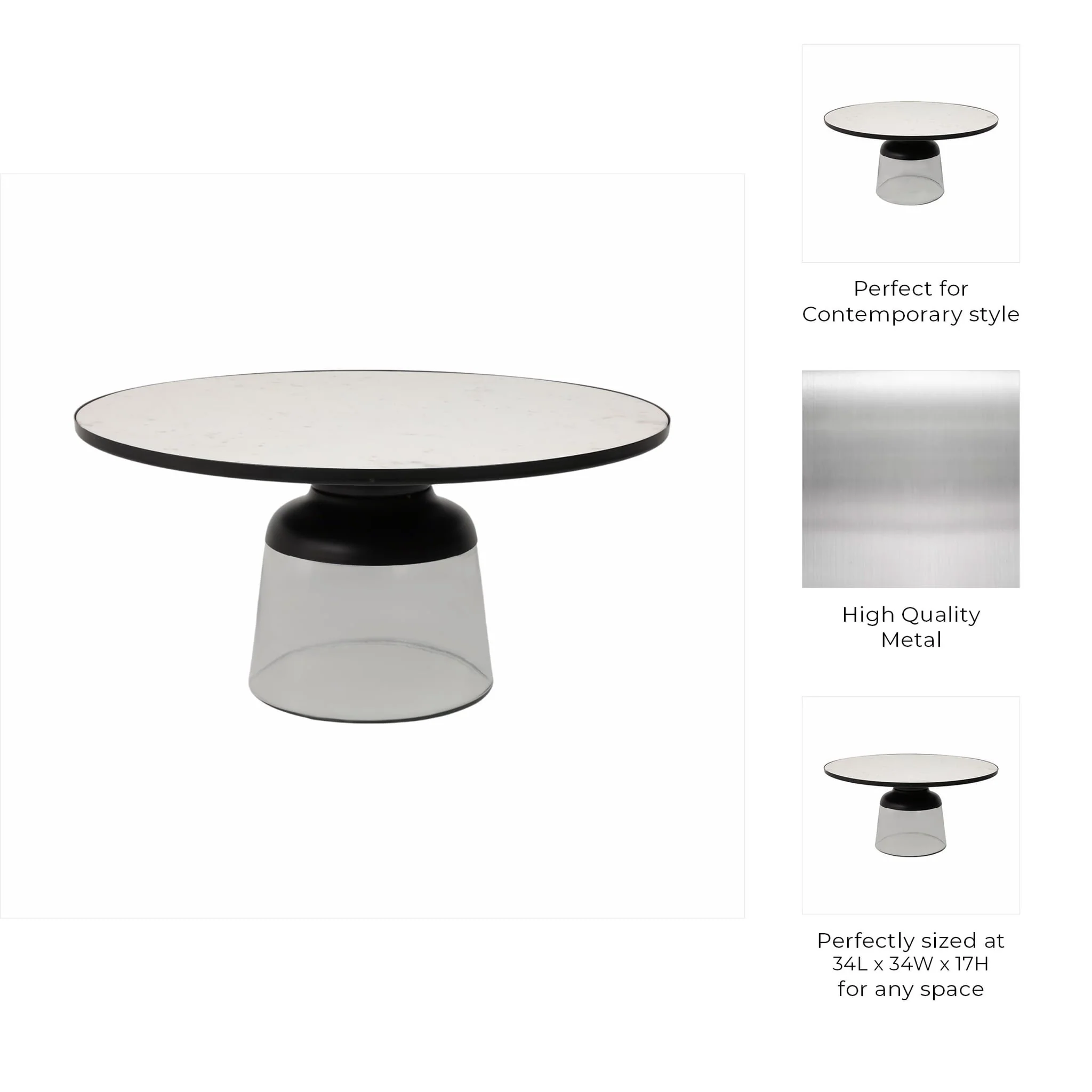 34" Glass Coffee Table Marble Top, White/clear, Kd - Image 9