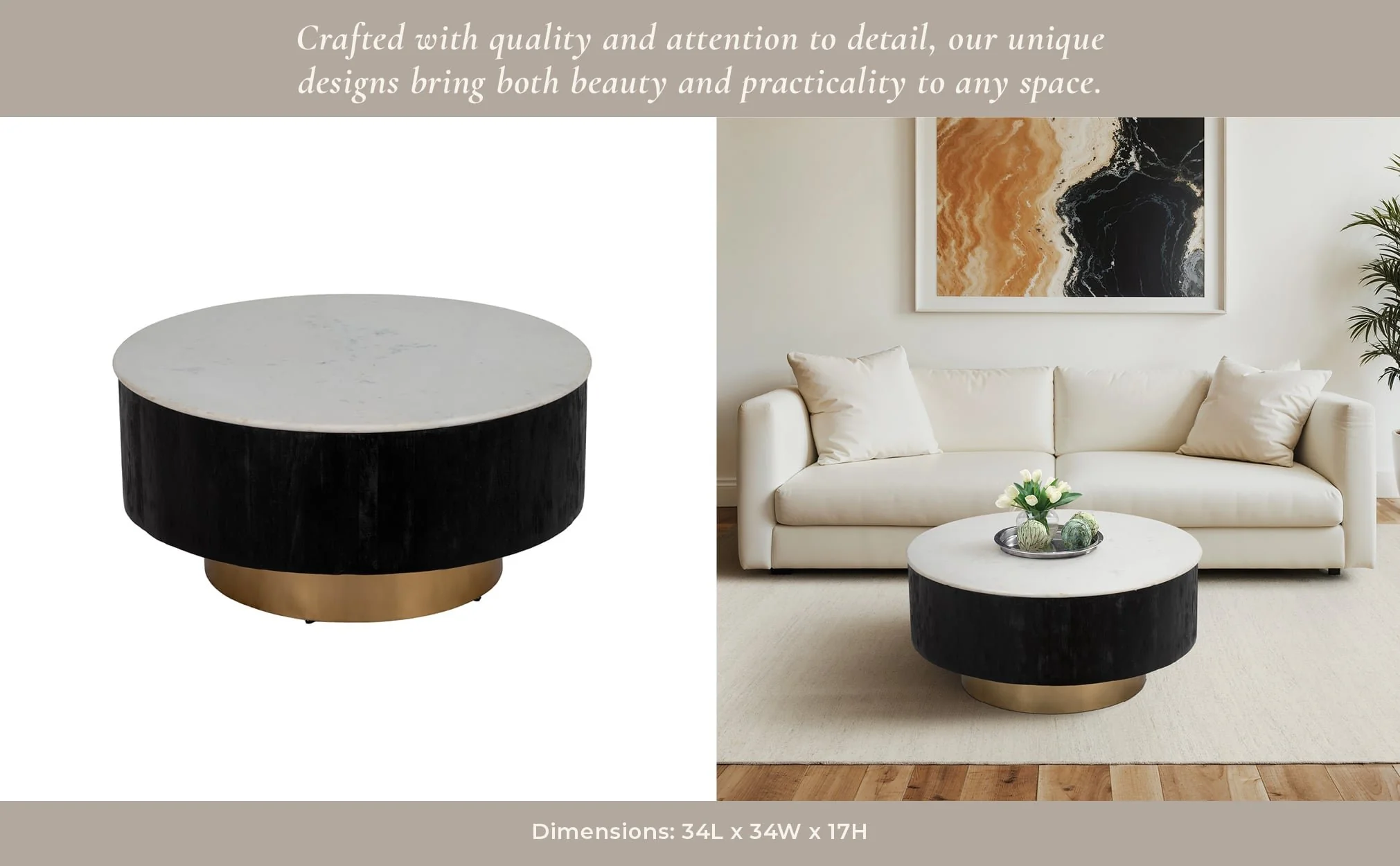 34" Gold Pedestal Coffee Table Marble Top, Wht/blk - Image 10
