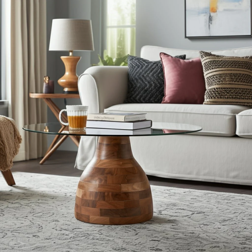 34" Striped Wood Coffee Table With Glass Top, Natu - Image 12