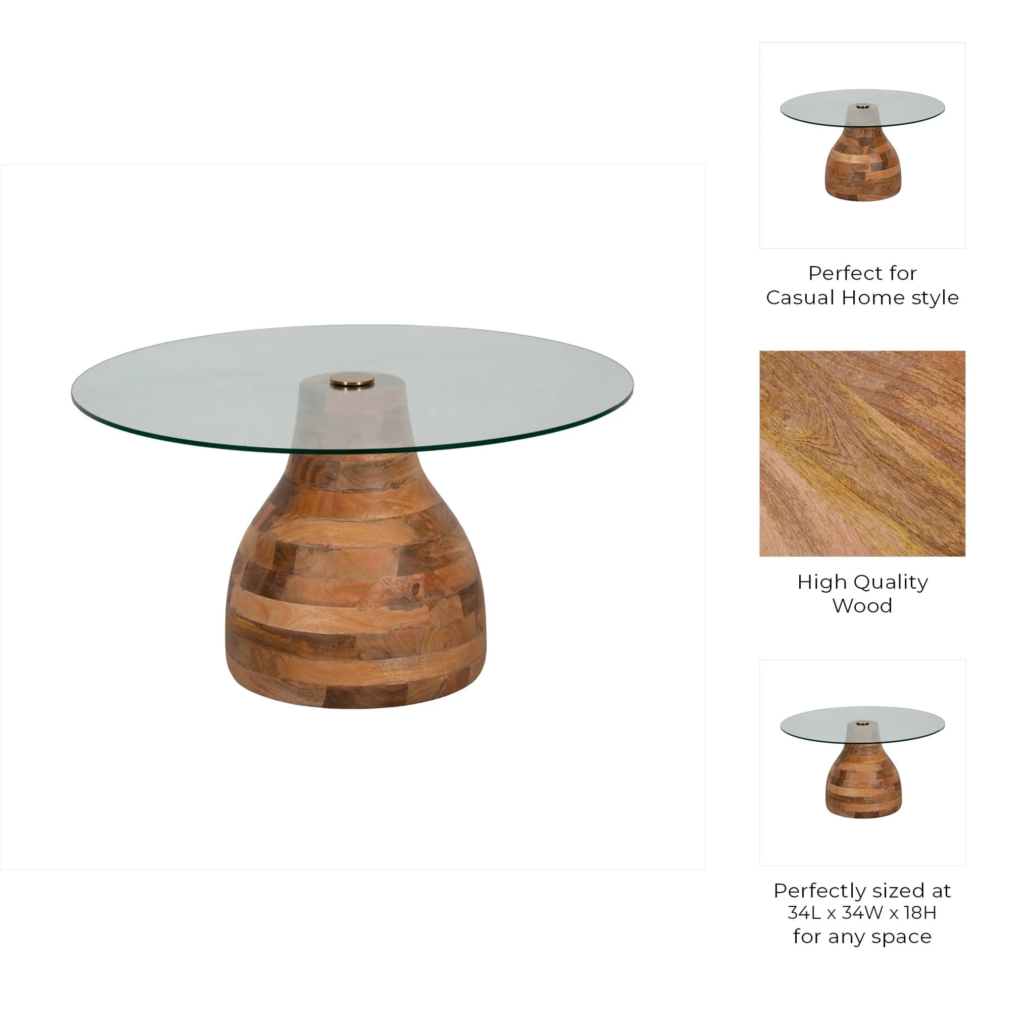 34" Striped Wood Coffee Table With Glass Top, Natu - Image 8