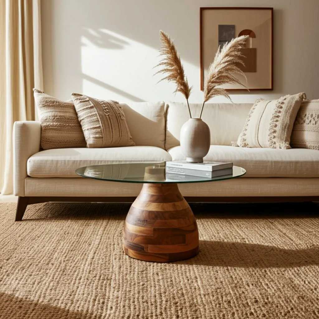 34" Striped Wood Coffee Table With Glass Top, Natu - Image 9