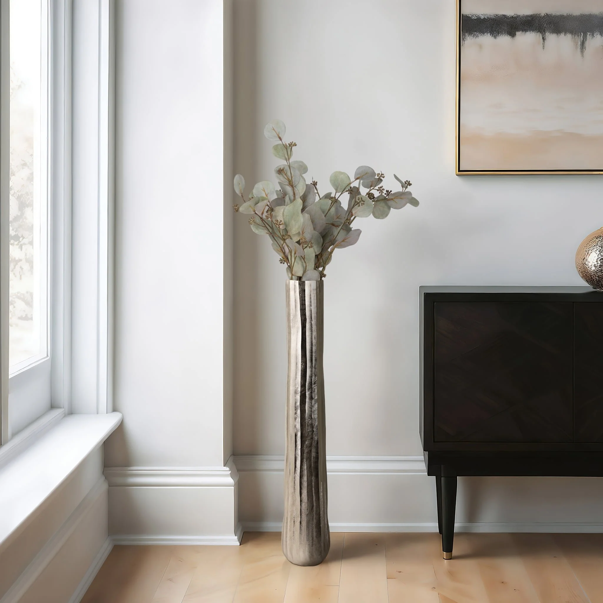 35" Rounded Etched Metal Floor Vase, Silver - Image 8