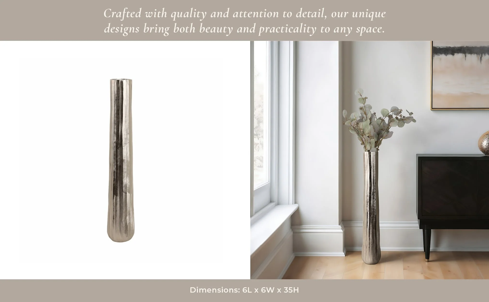 35" Rounded Etched Metal Floor Vase, Silver - Image 9