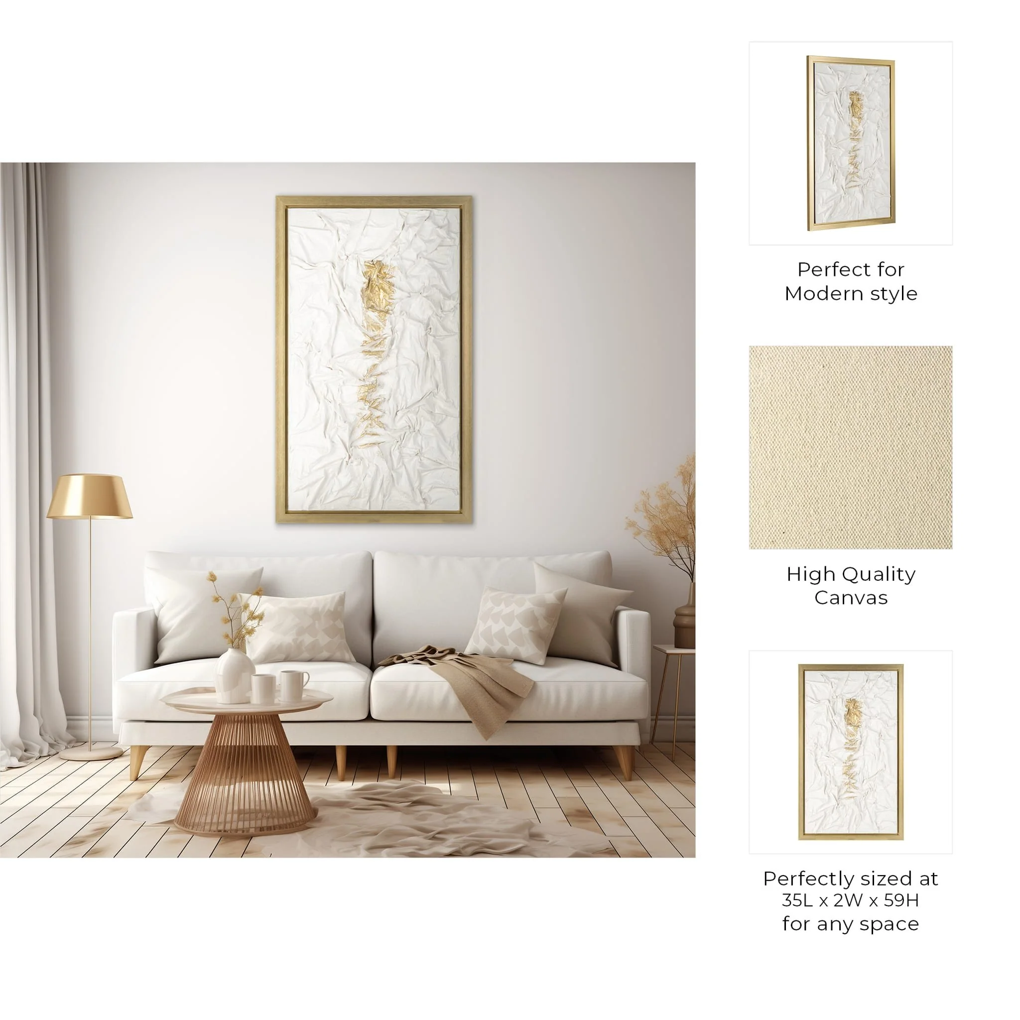 35x59, Hand Painted Textured Acrylic, Wht/gold - Image 9