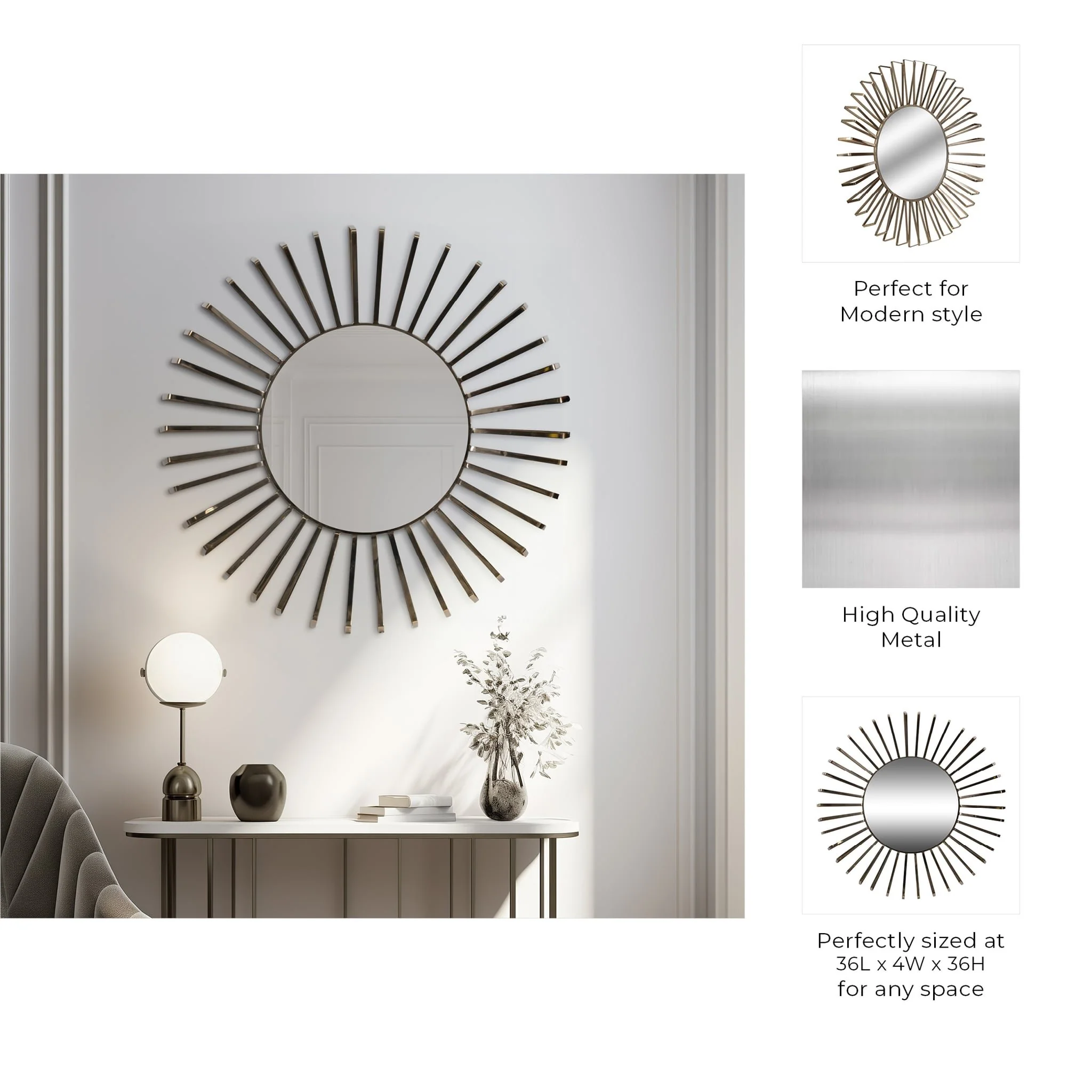 36" Metal, Burst Wall Mirror, Gold Wb - Image 7