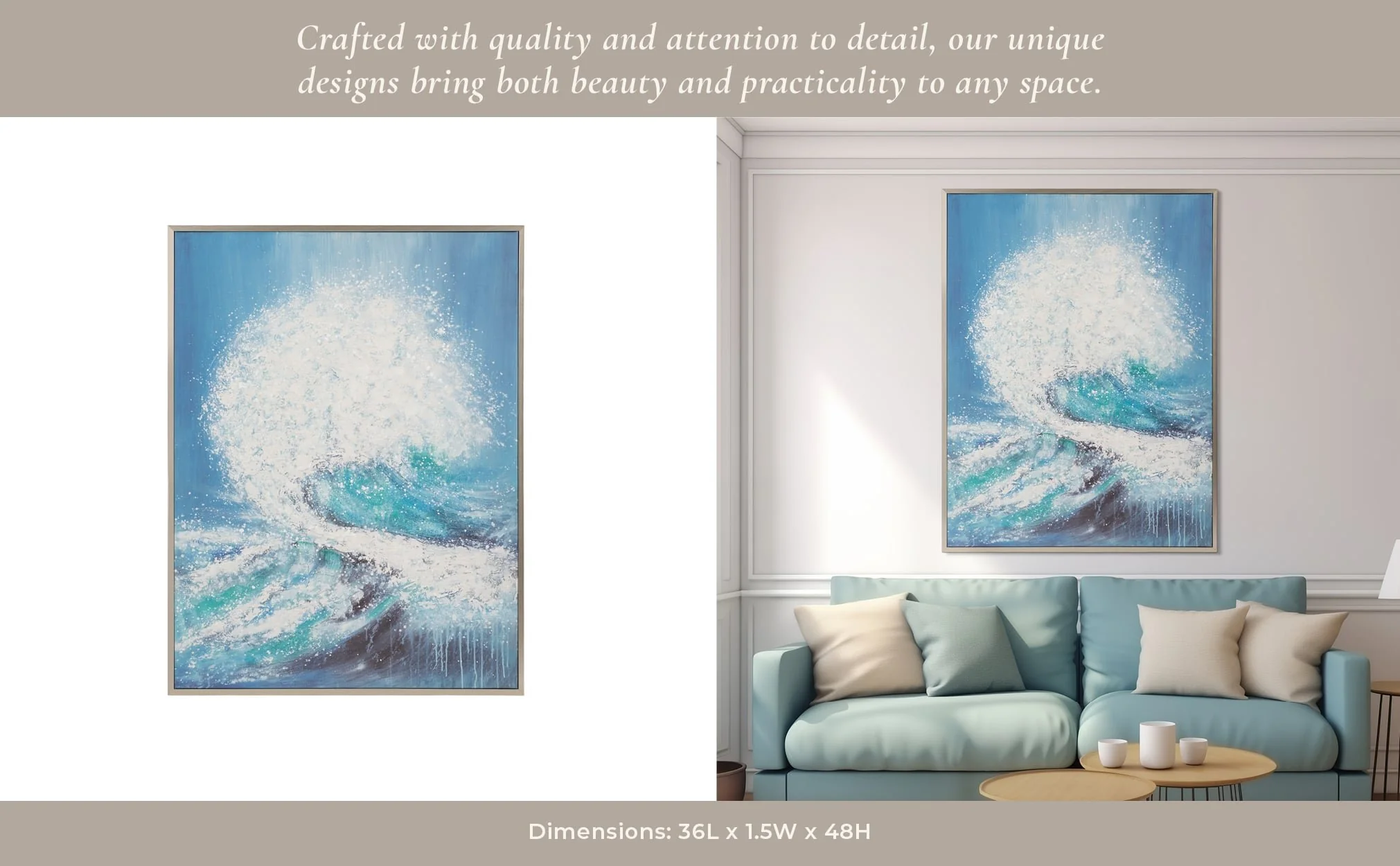 36x48 Handpainted Waves Canvas, Aqua - Image 10
