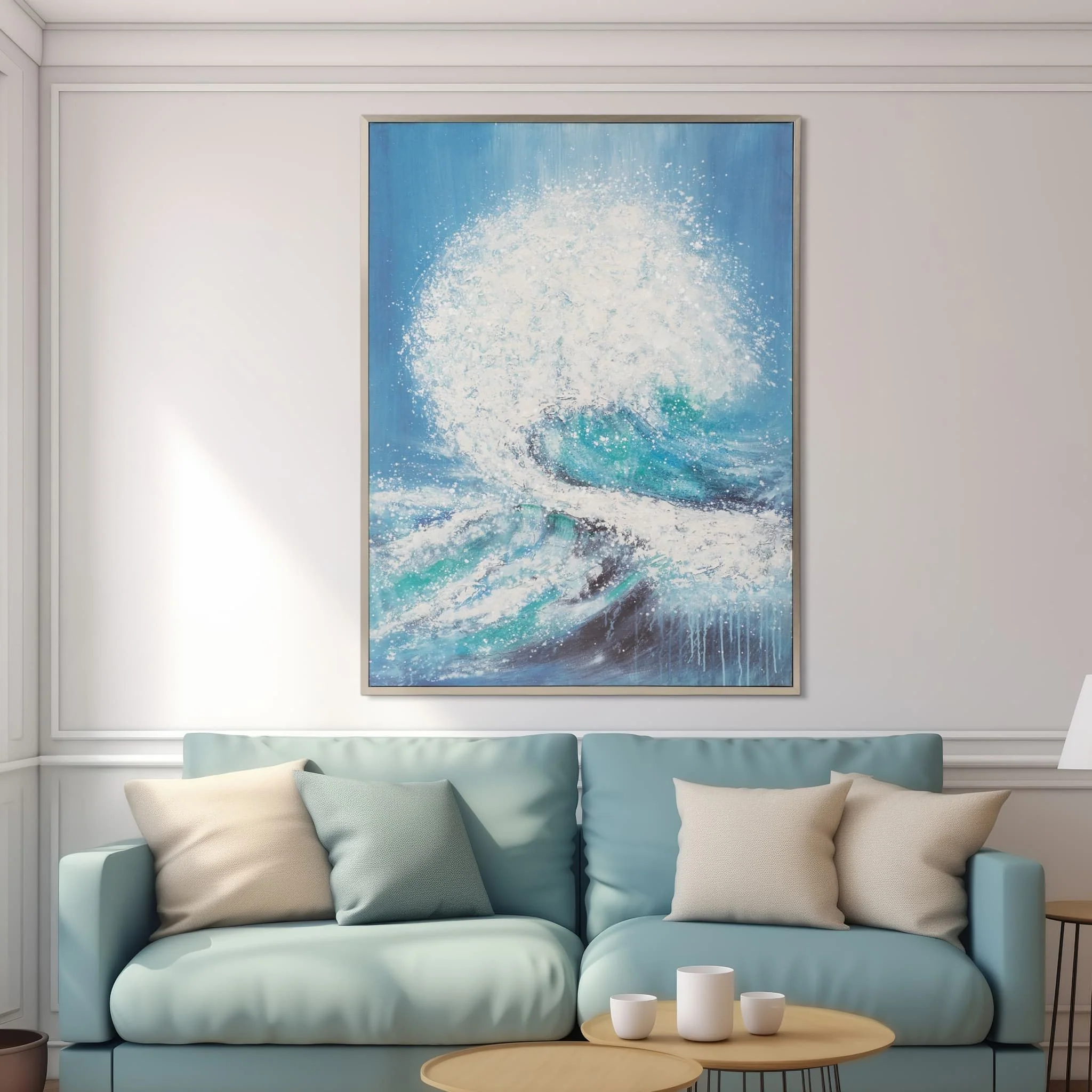 36x48 Handpainted Waves Canvas, Aqua - Image 9