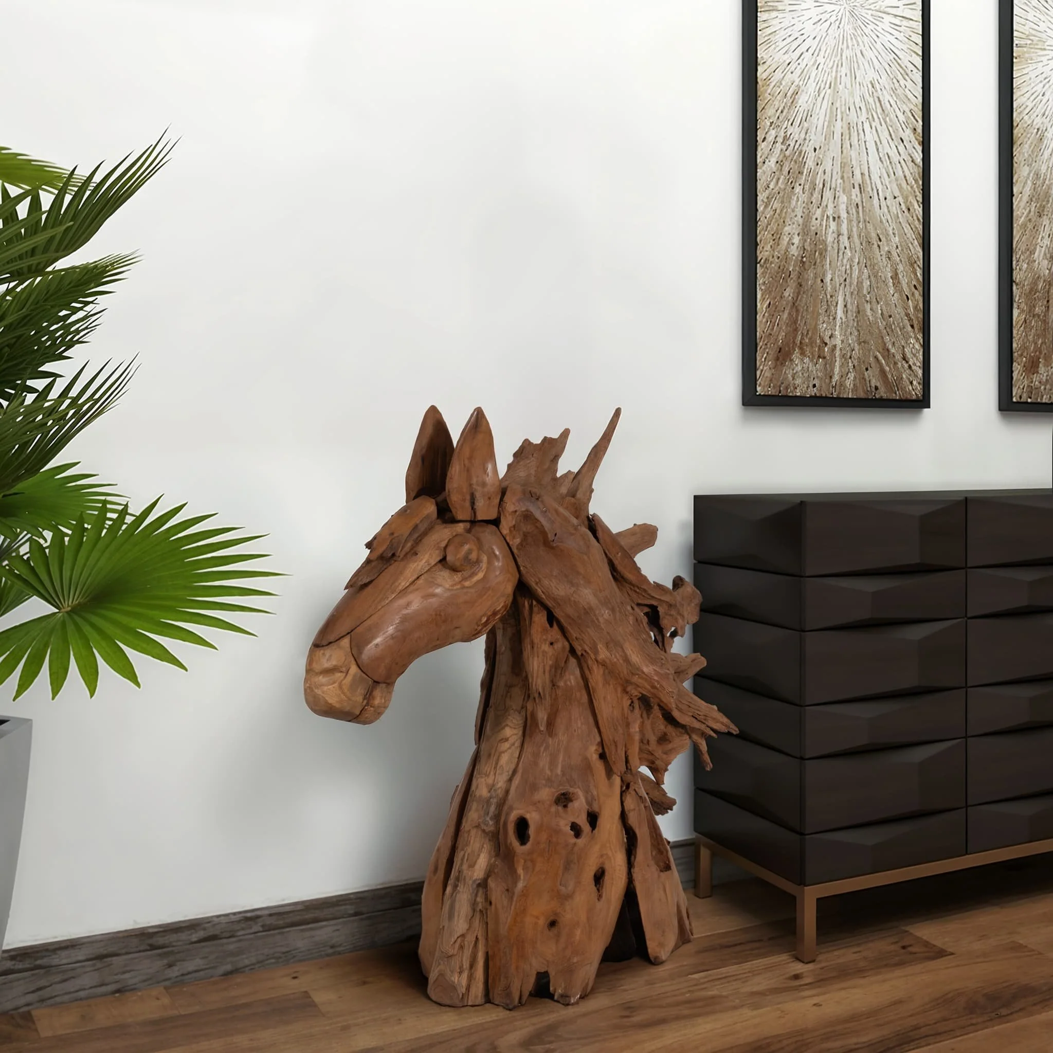 37" Teak Wood Horse Head, Natural - Image 10