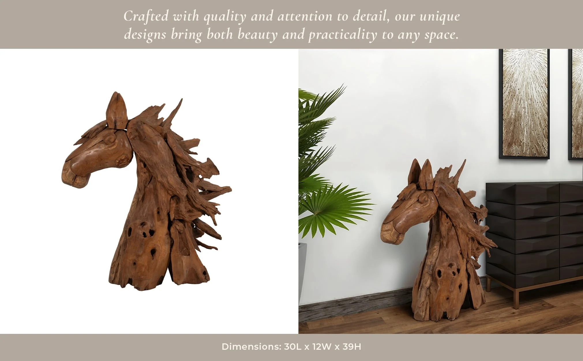 37" Teak Wood Horse Head, Natural - Image 11
