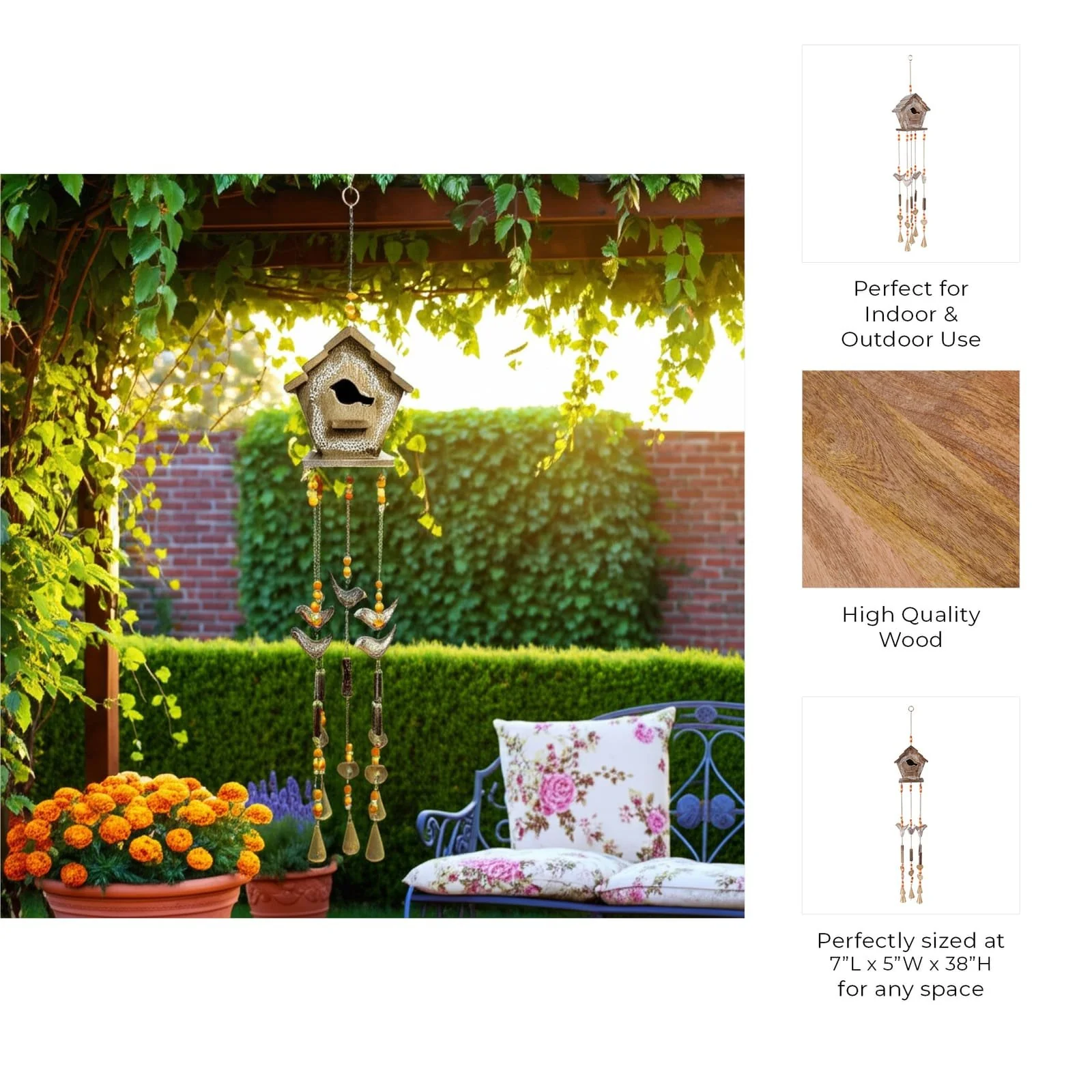 38x7" Hand Painted Birdhouse Chime, Brown - Image 10
