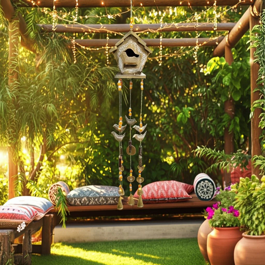 38x7" Hand Painted Birdhouse Chime, Brown - Image 12