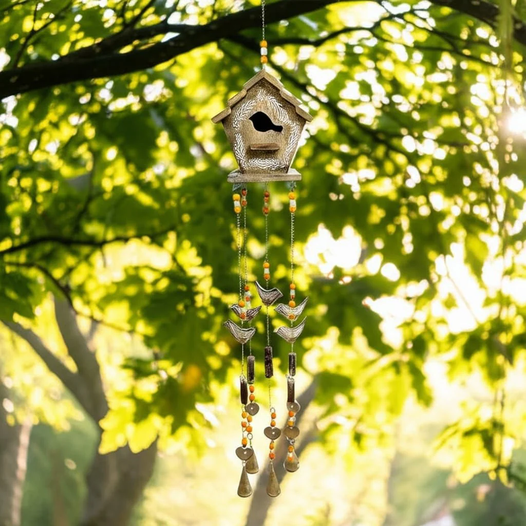 38x7" Hand Painted Birdhouse Chime, Brown - Image 13