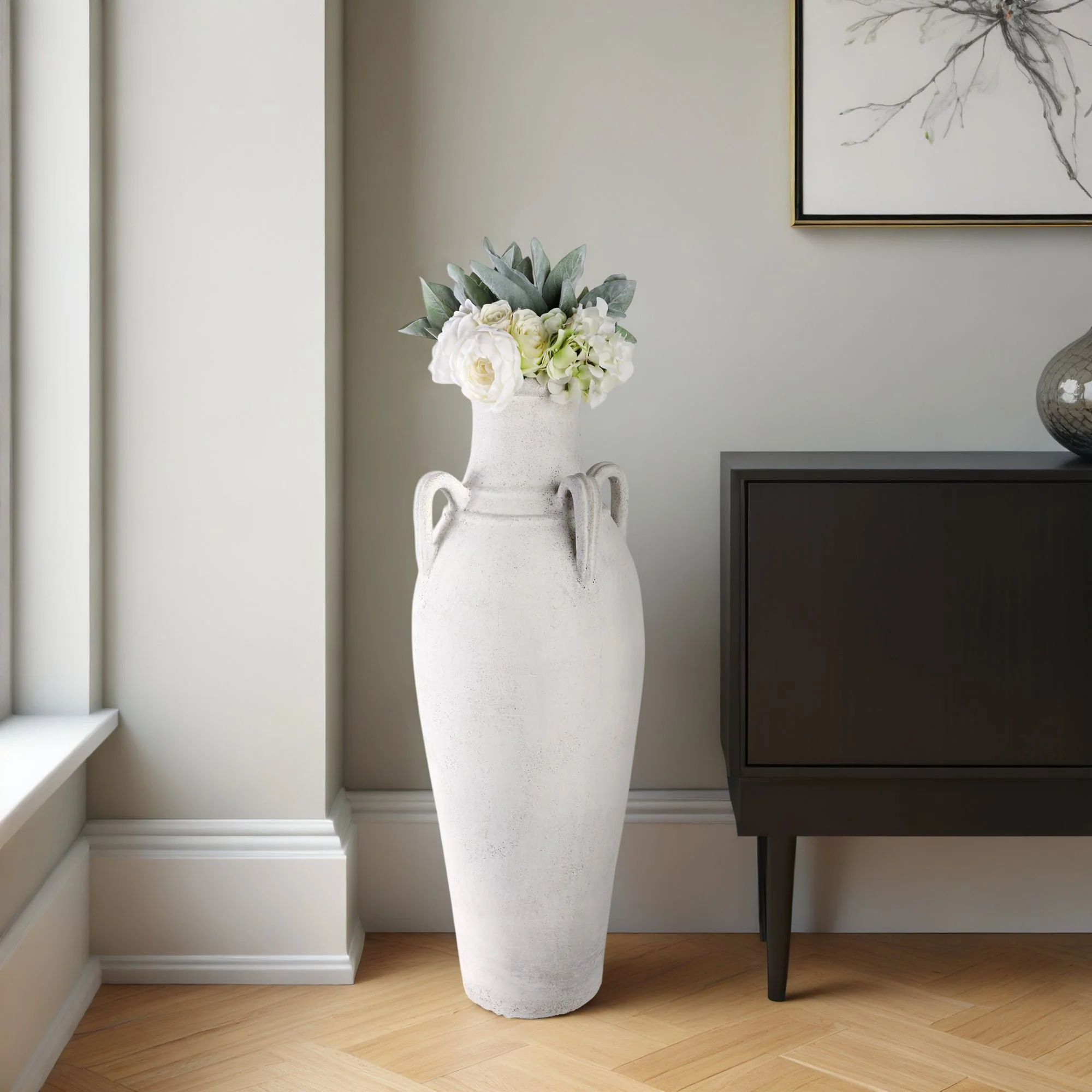 39" Terracotta Floor Vase W/handles, Ivory - Image 10