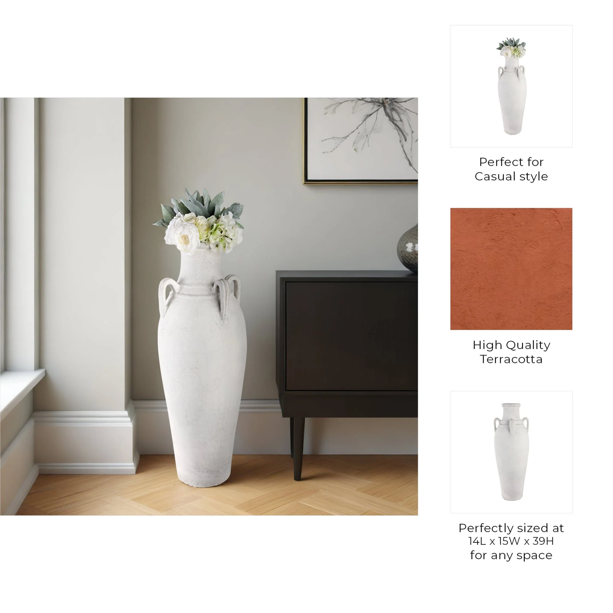 39" Terracotta Floor Vase W/handles, Ivory - Image 9